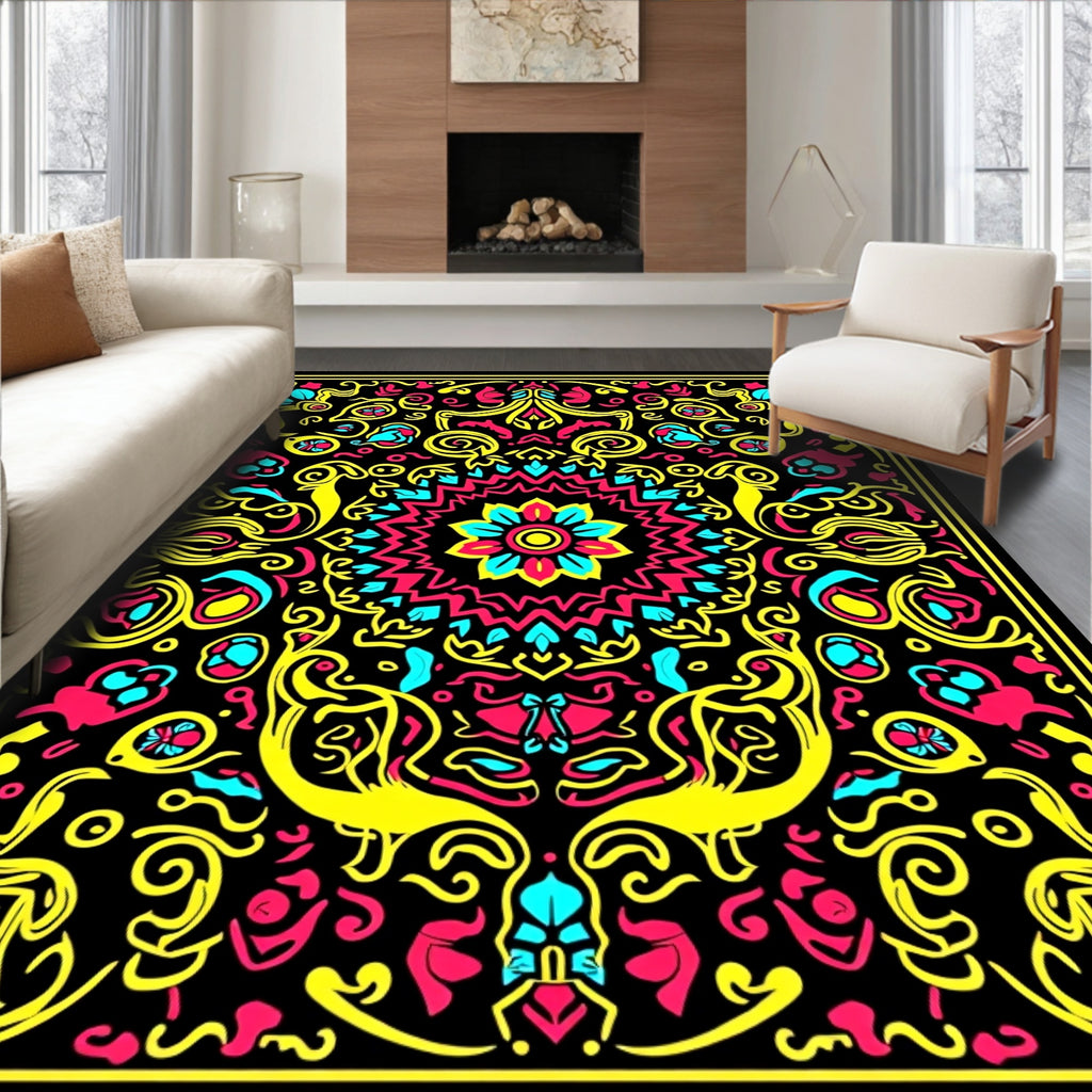 Bold Black Floral Medallion Vibrant Rug