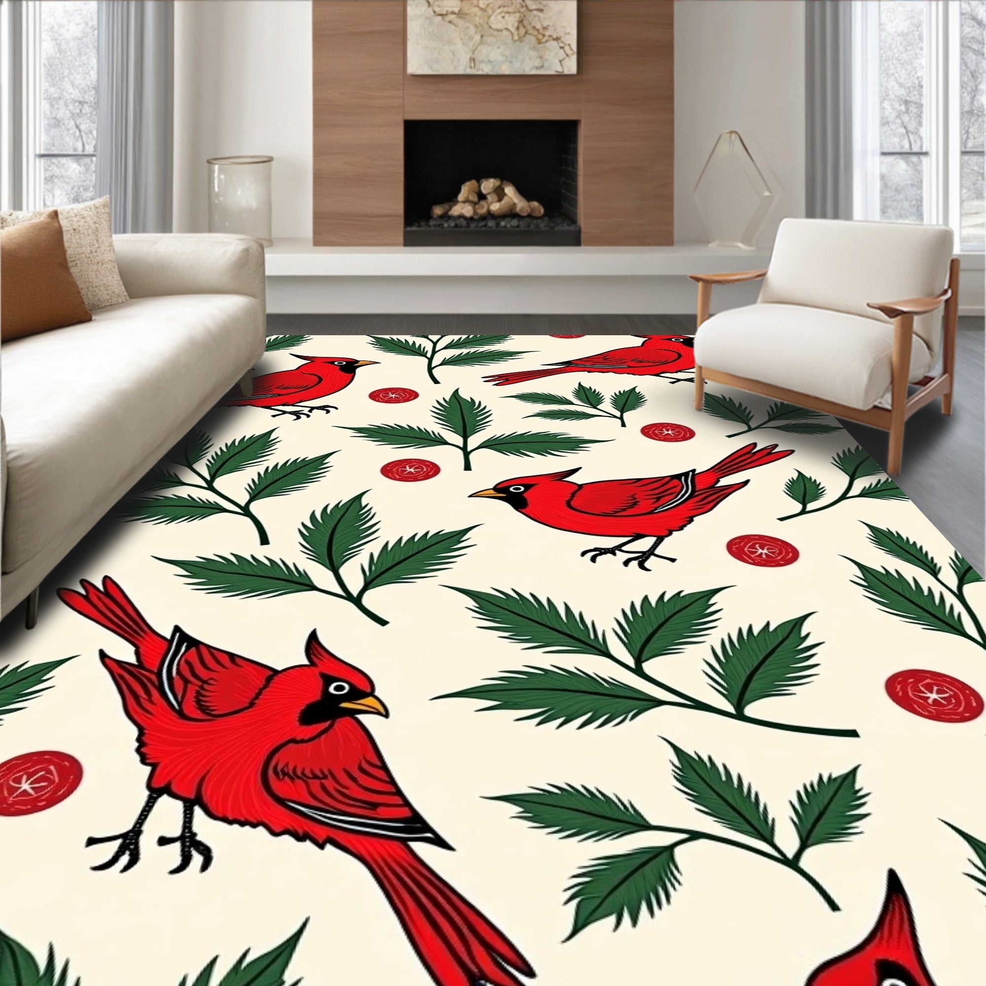 Red Cardinal Botanical Garden Scene Rug
