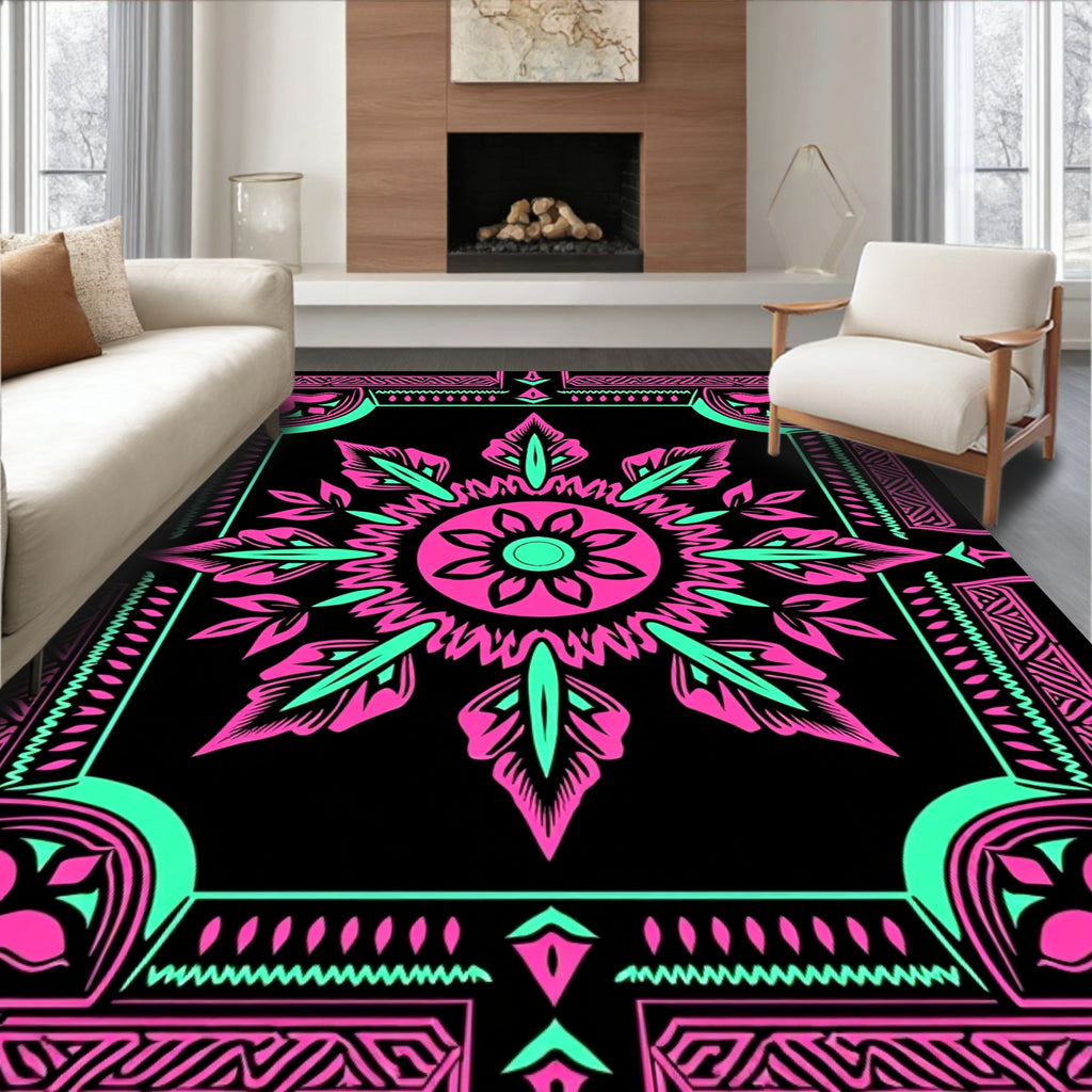 Bold Pink Teal Sunburst Geometric Rug