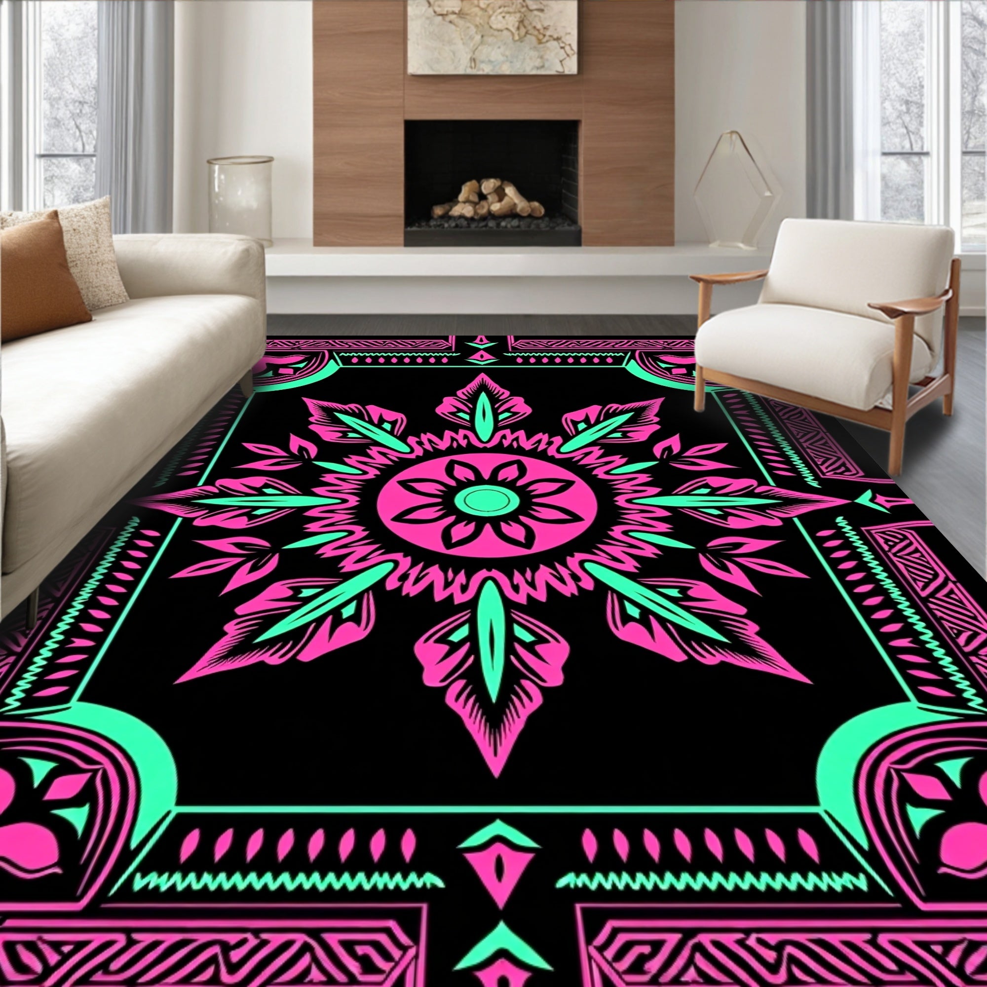 Bold Pink Teal Sunburst Geometric Rug