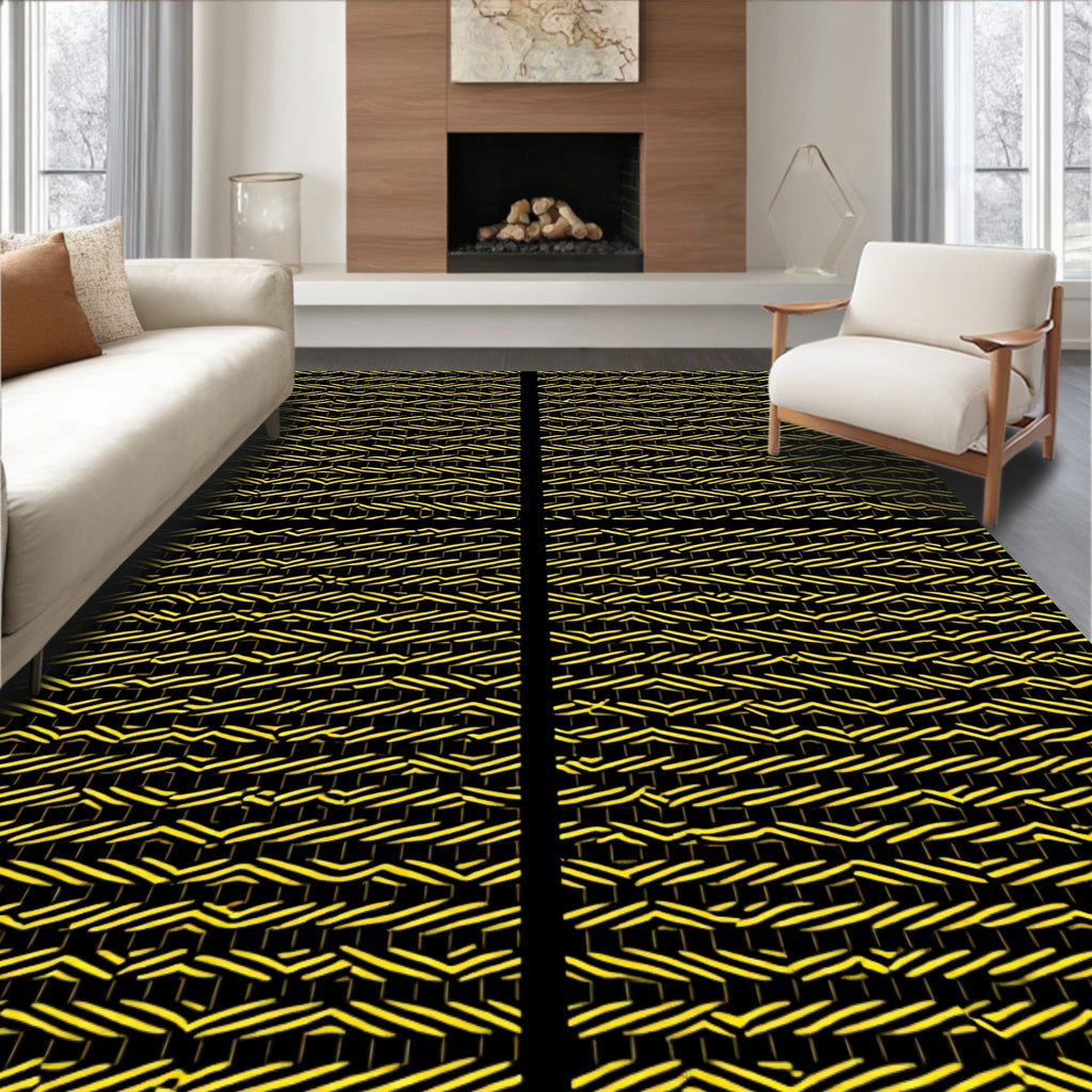 Bold Yellow Black Interlocking Geometric Rug