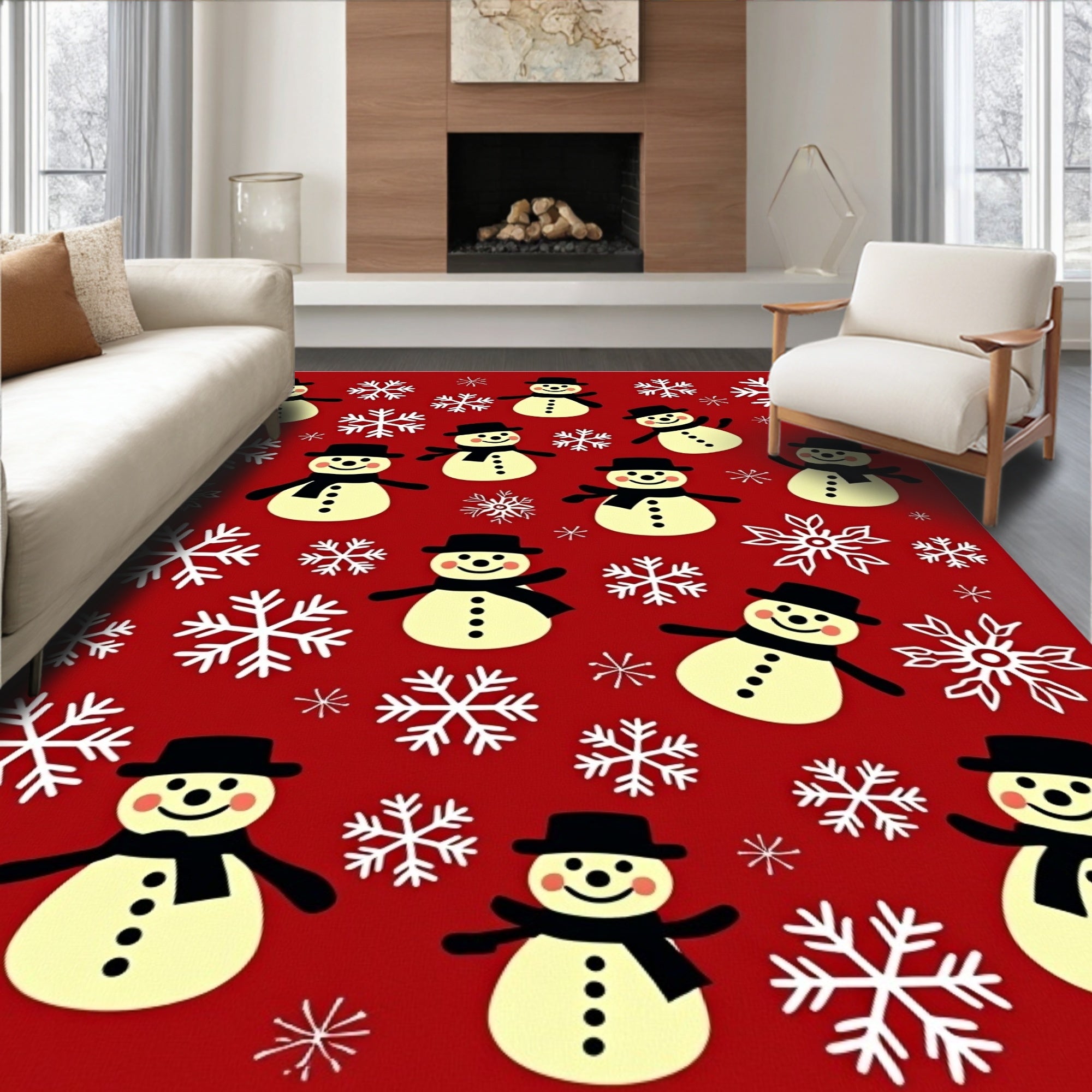 Charming Snowman Snowflake Scene Rug