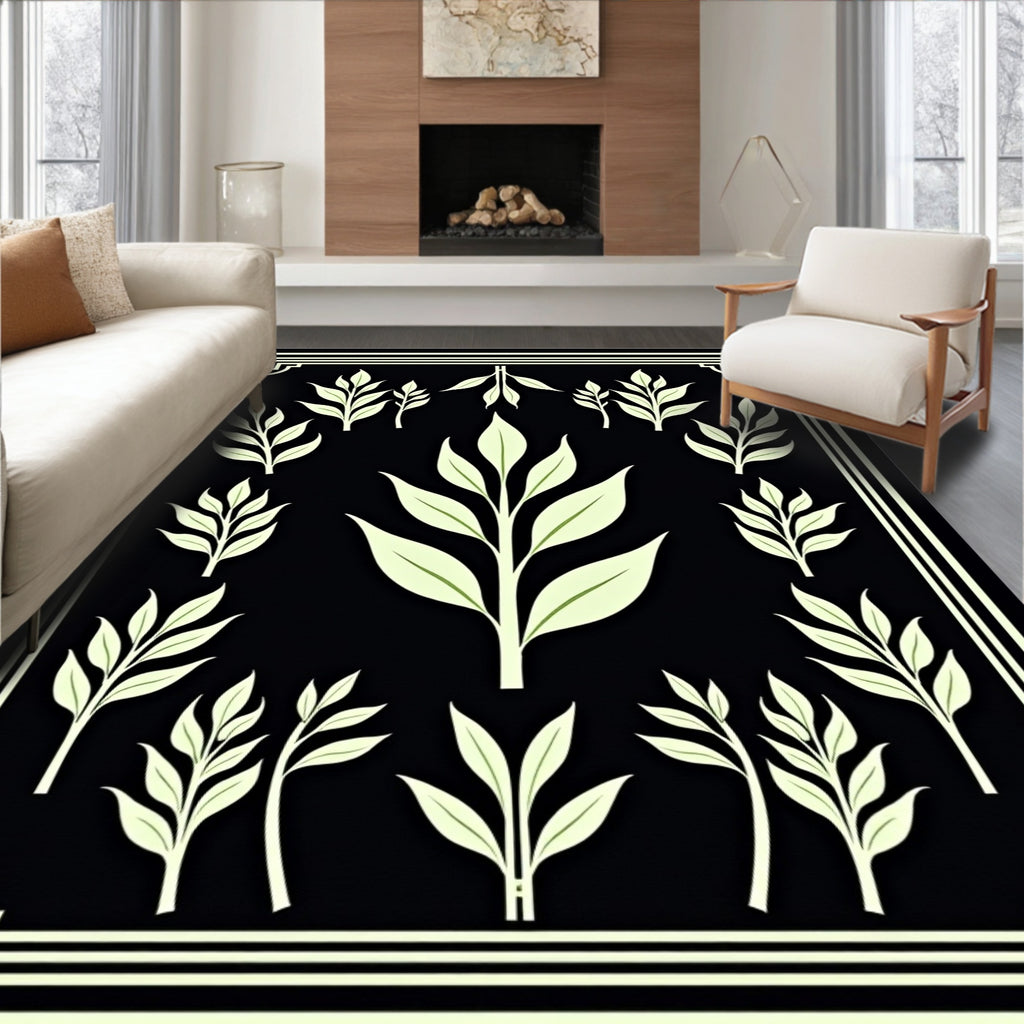 Pale Green Leafy Branches Black Background Rug