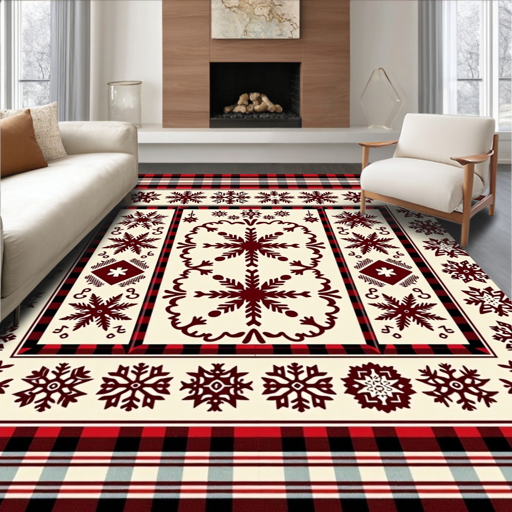 Rustic Crimson Snowflake Plaid Rug