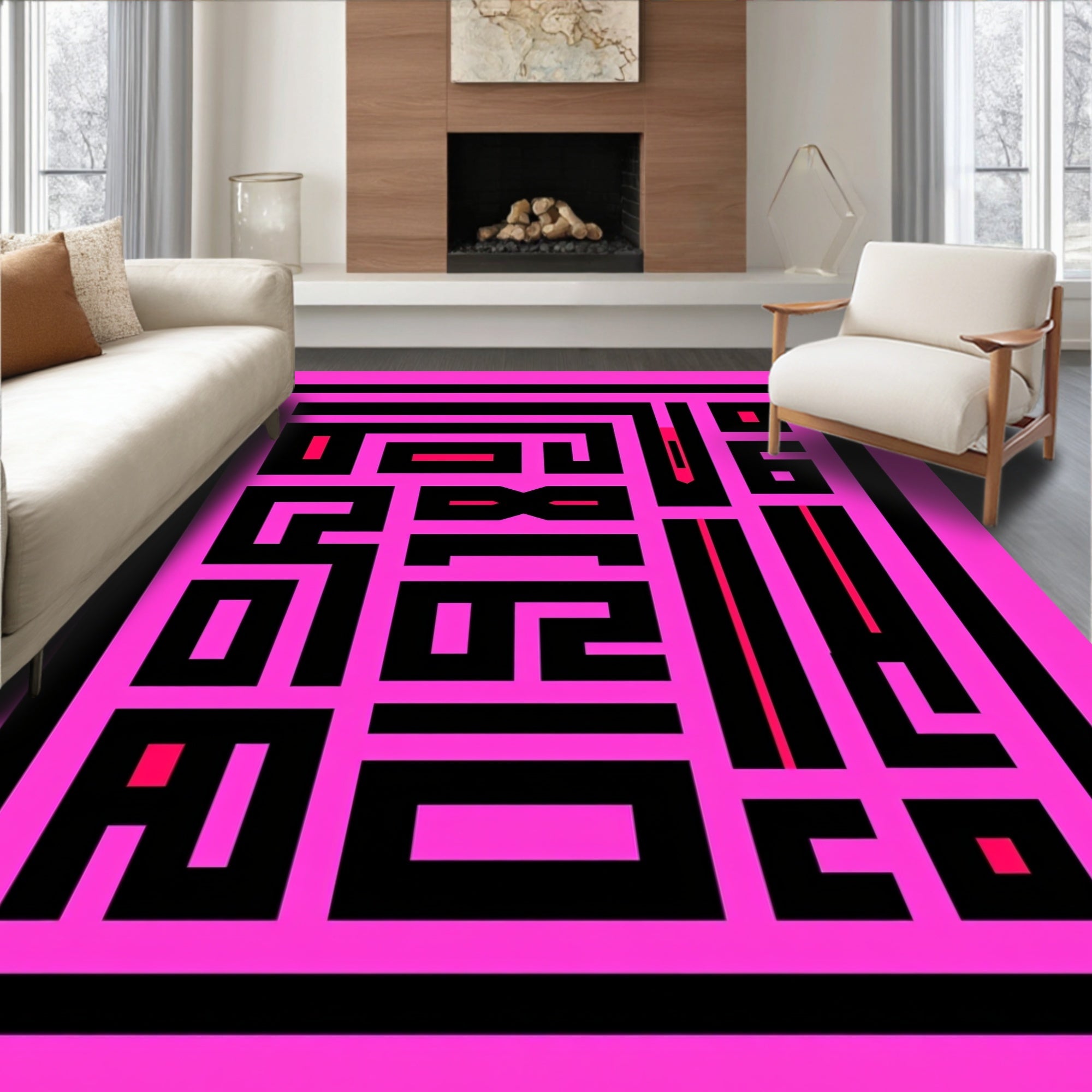 Hot Pink Black Geometric Maze Rug