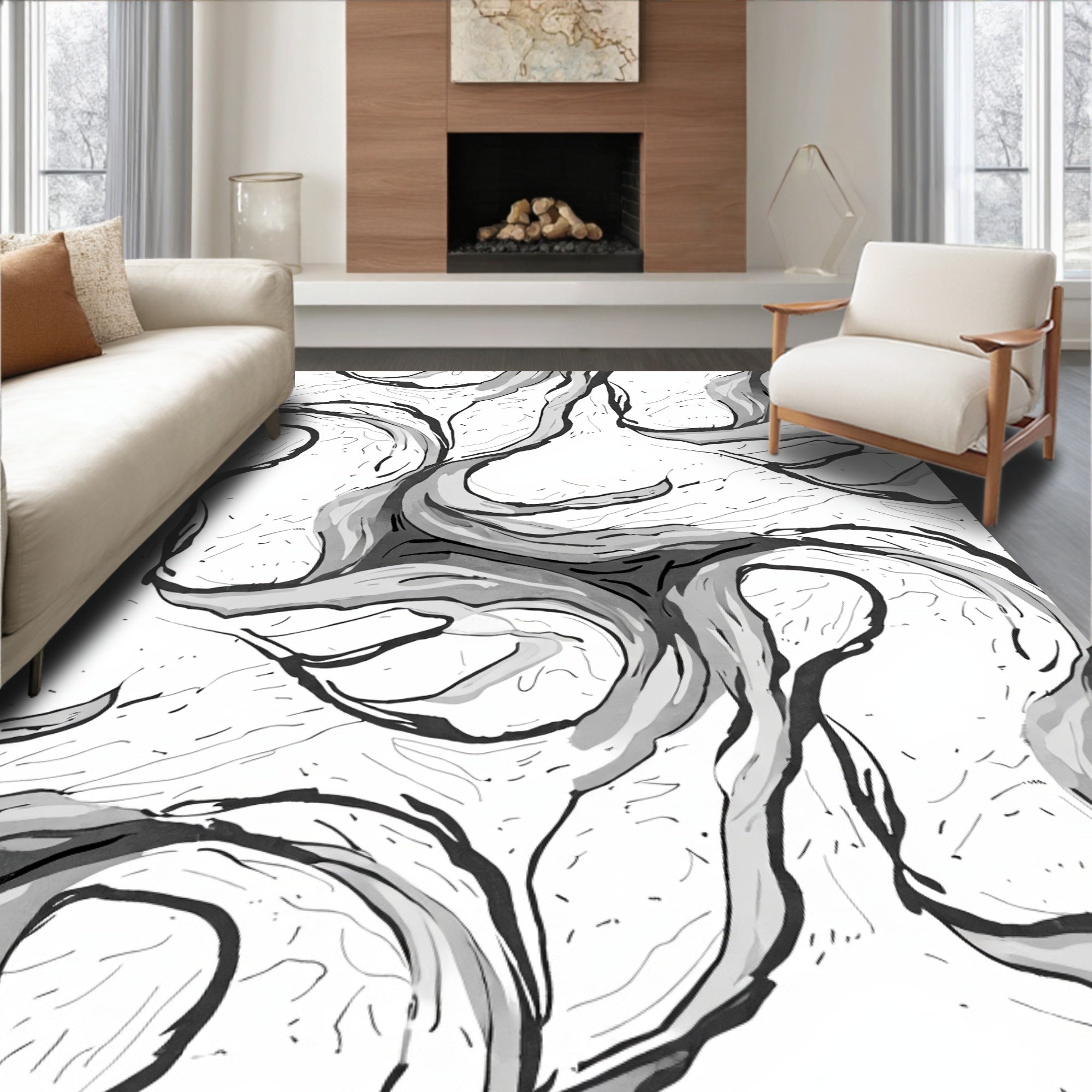 Monochromatic Abstract Swirls Organic Flow Rug