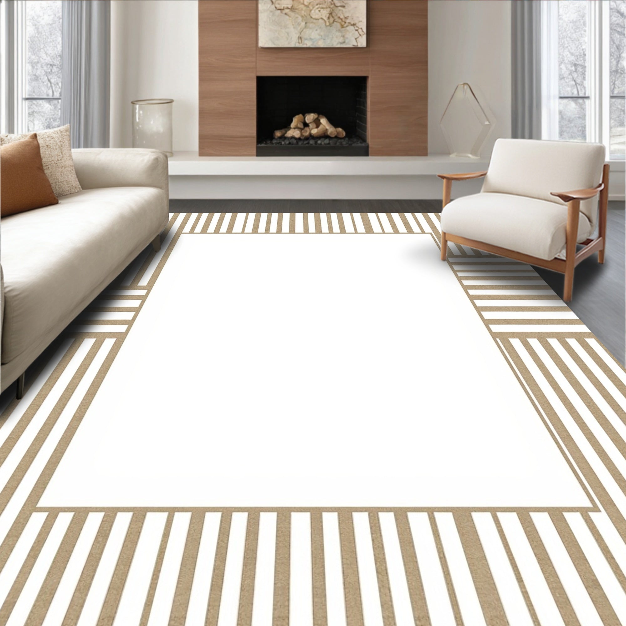 Neutral Taupe Vertical Stripe Border Rug