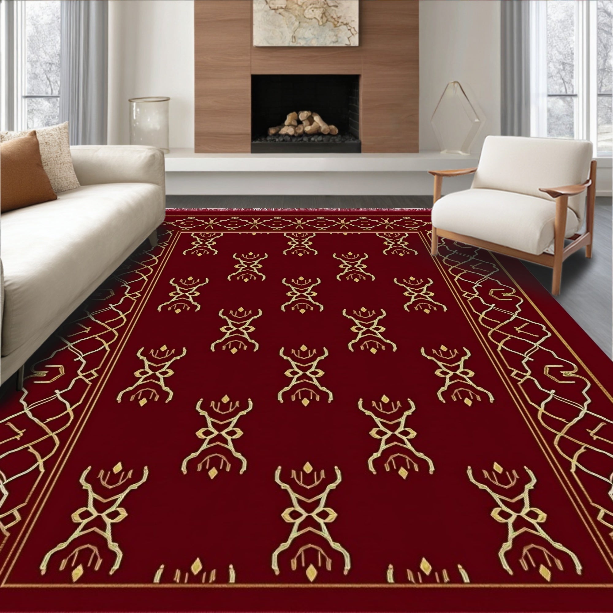 Deep Red Golden Ornate Lattice Rug