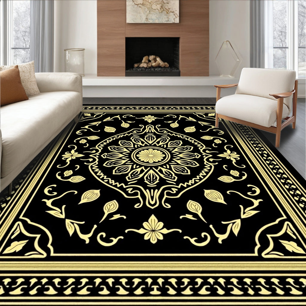 Black and Gold Floral Medallion Border Rug