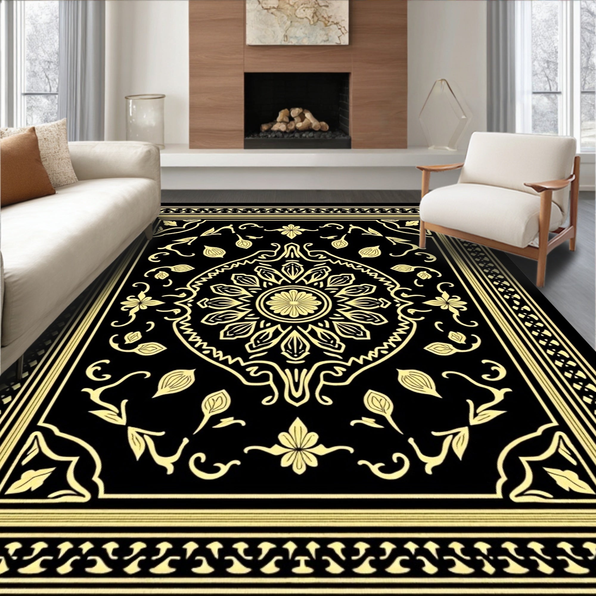 Black and Gold Floral Medallion Border Rug
