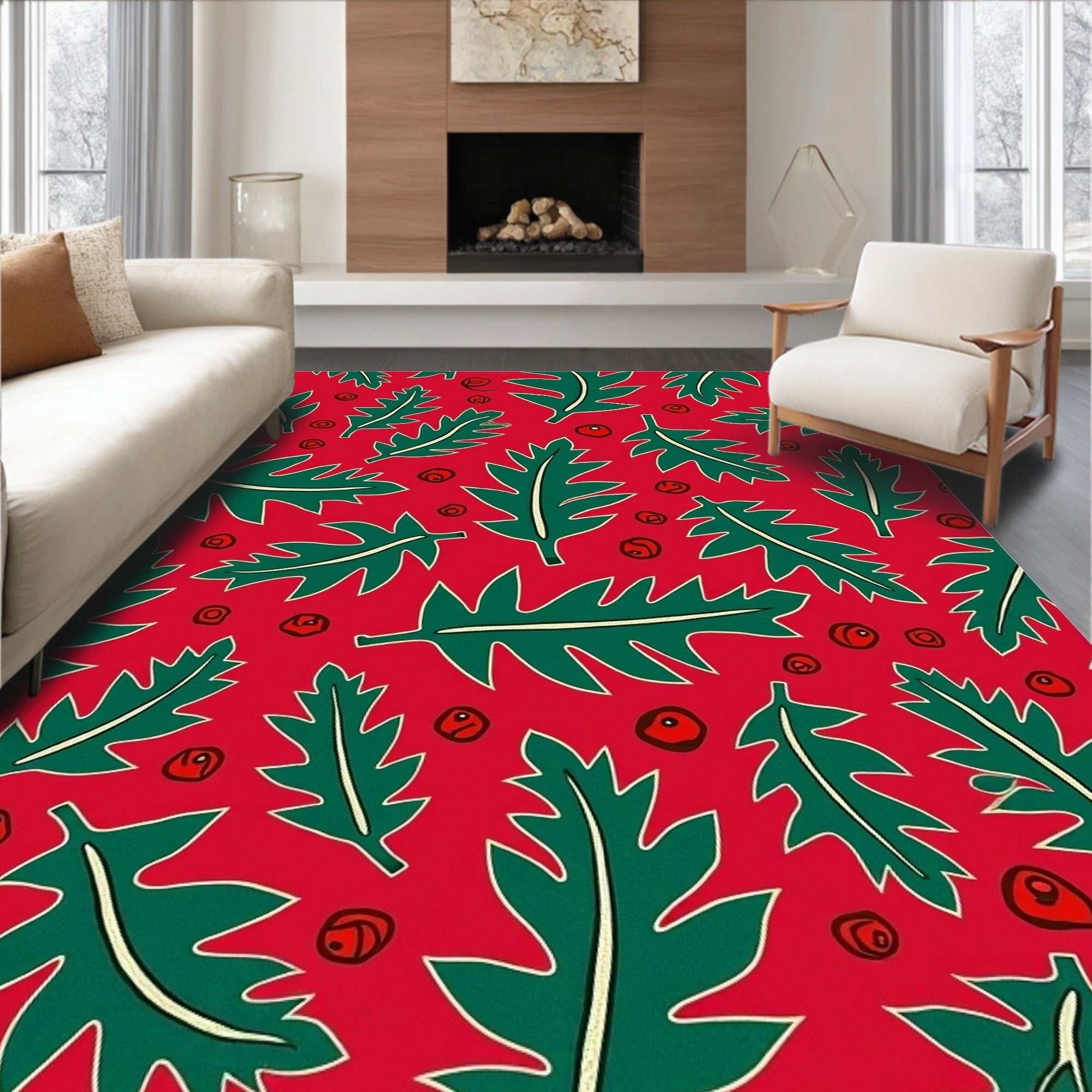 Green Leaf Red Berry Collection Rug