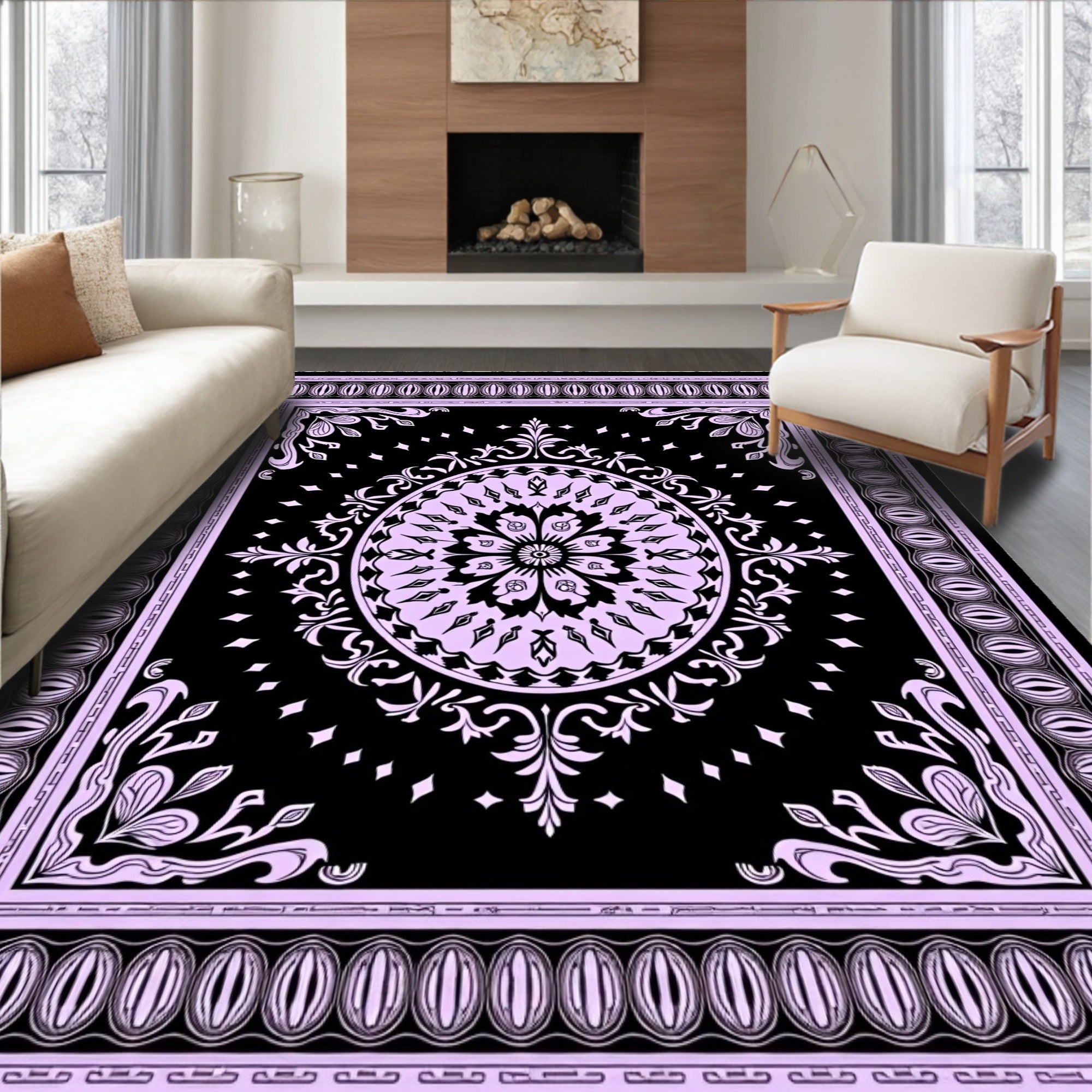 Lavender Floral Mandala Black Rug