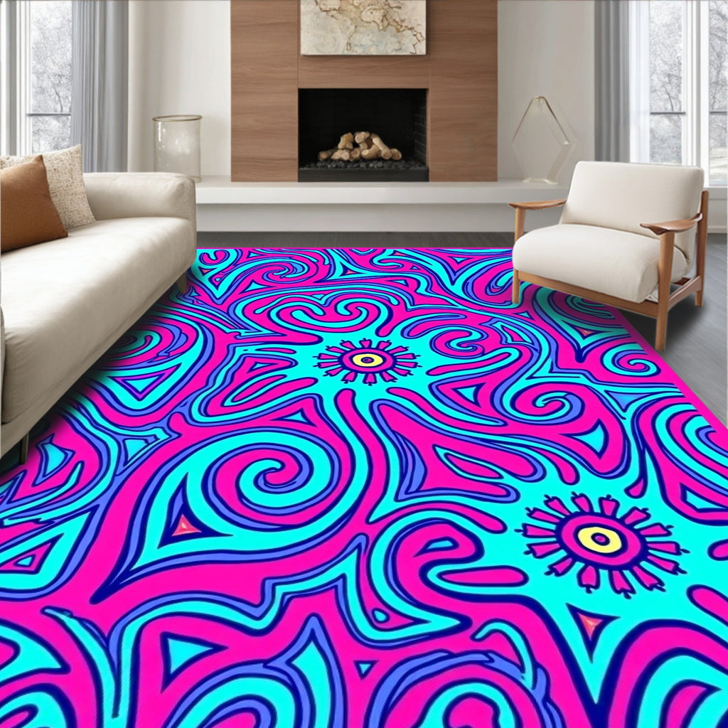 Psychedelic Pink Aqua Swirling Sunburst Rug