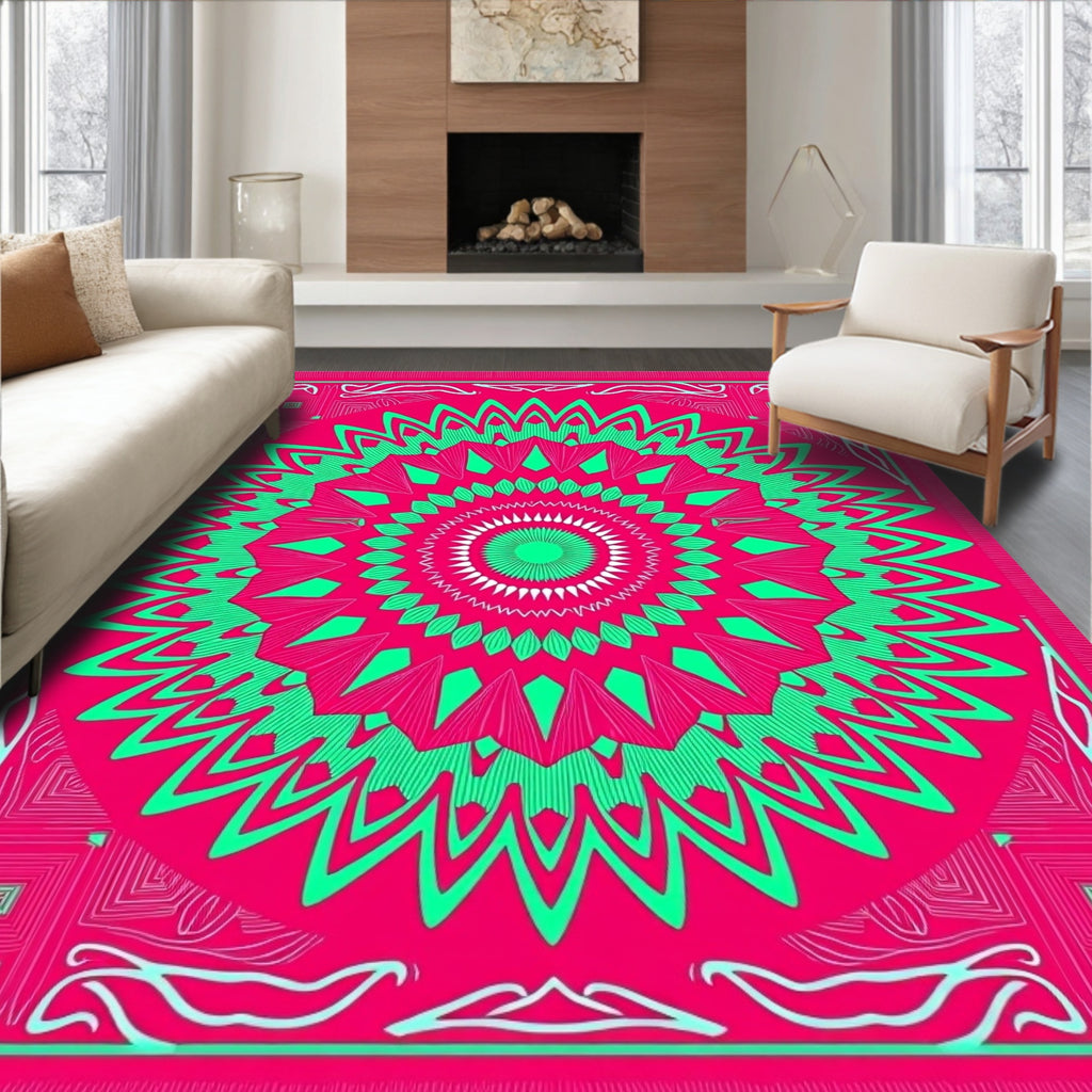 Vibrant Coral Aqua Mandala Sunburst Rug