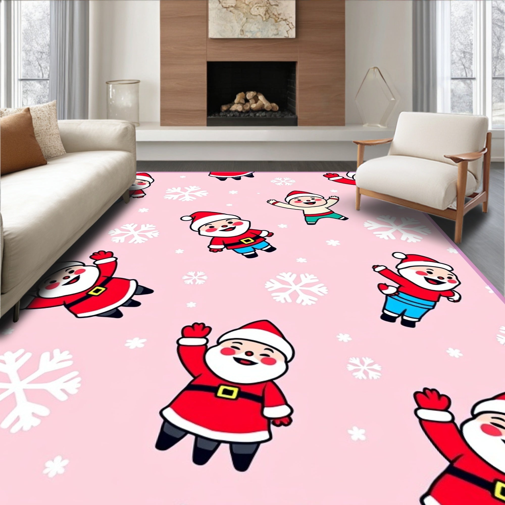 Cute Santa Claus Snowflakes Pink Background Rug