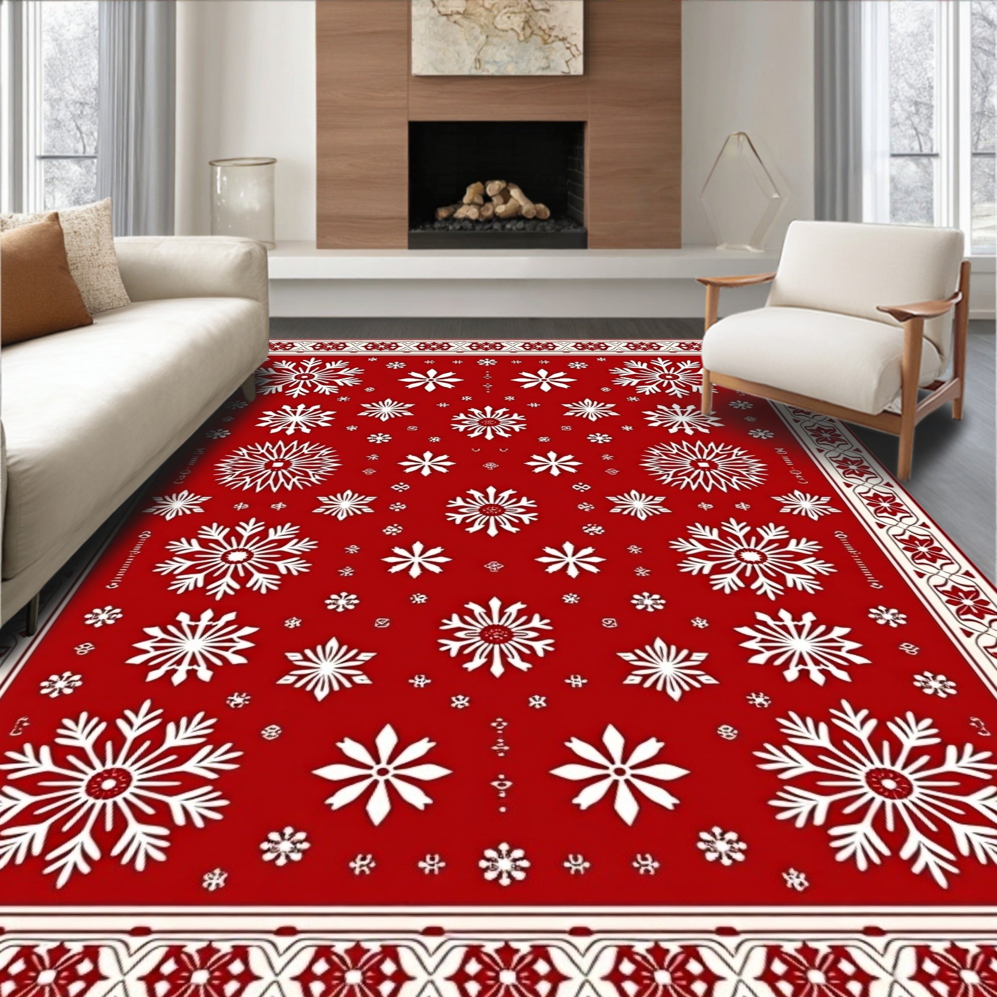 Holiday Red White Snowflake Arrangement Rug