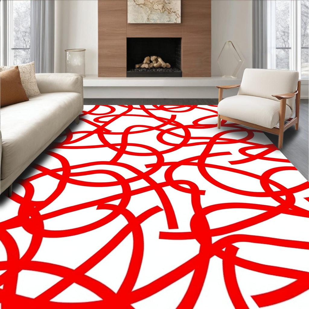 Crimson Red Abstract Tangled Lines Rug