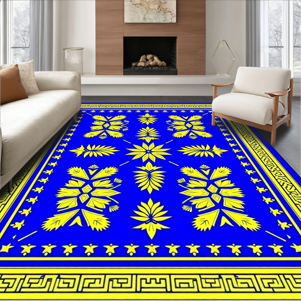 Bold Blue Yellow Floral Medallion Rug