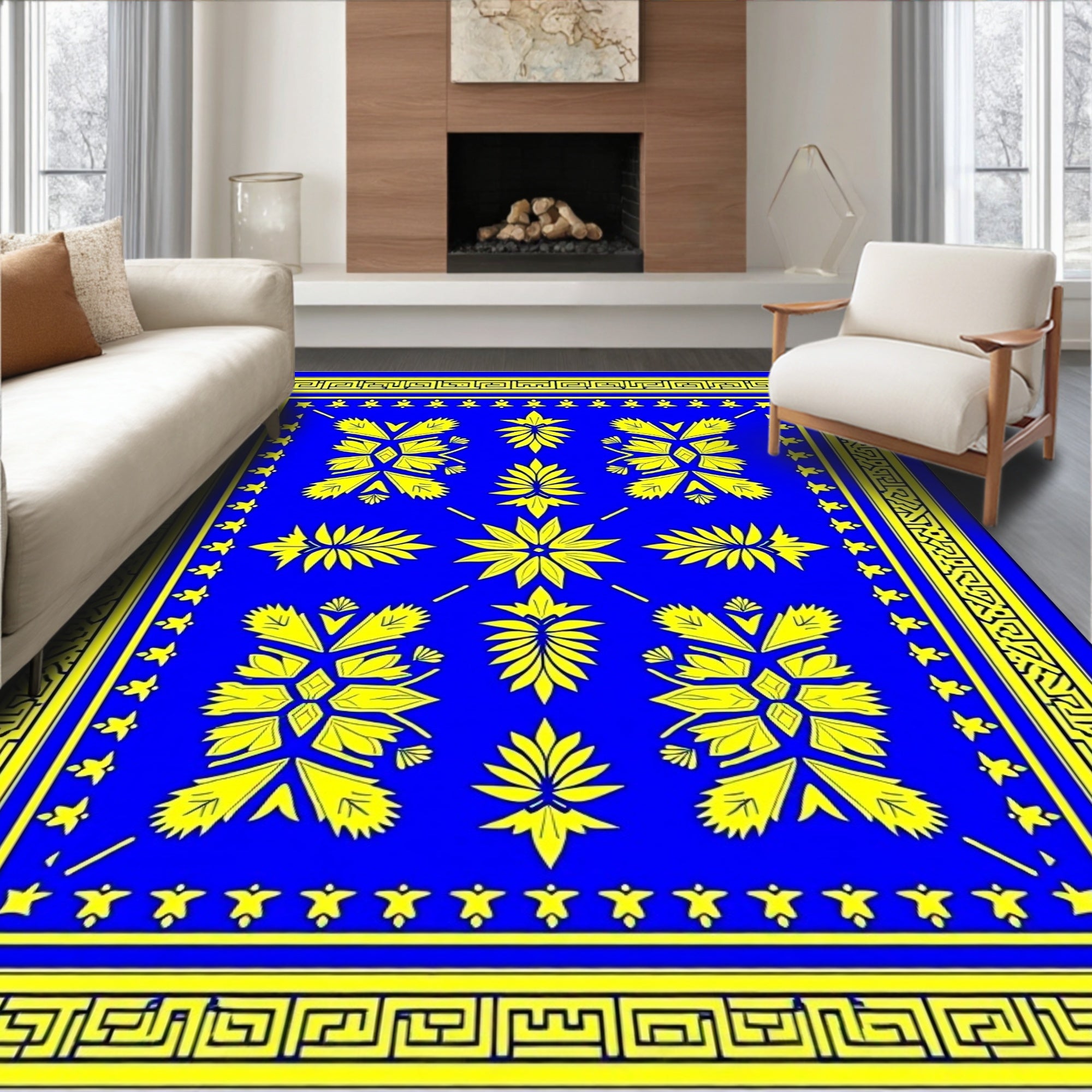 Bold Blue Yellow Floral Medallion Rug