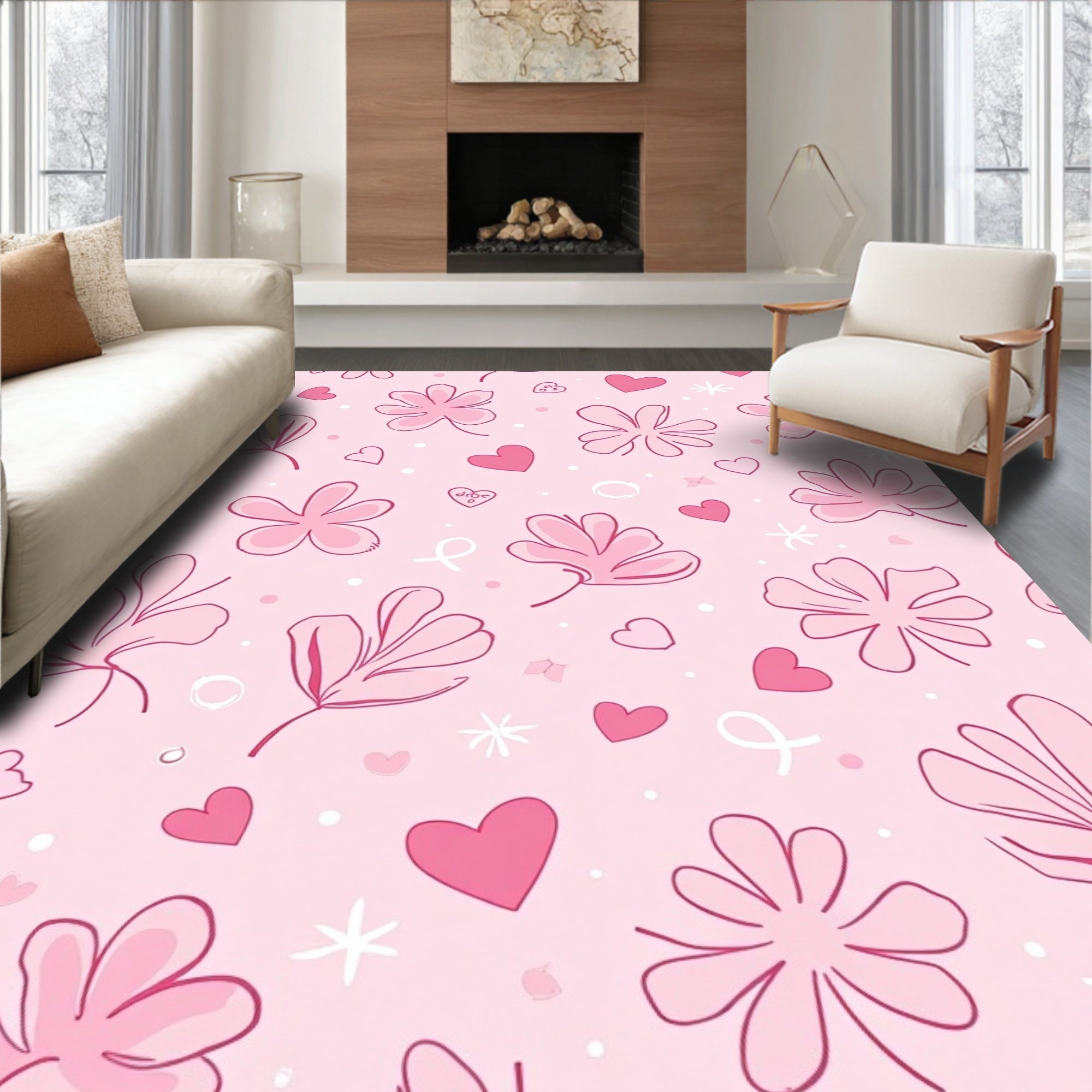 Sweet Pink Floral Hearts Scatter Rug