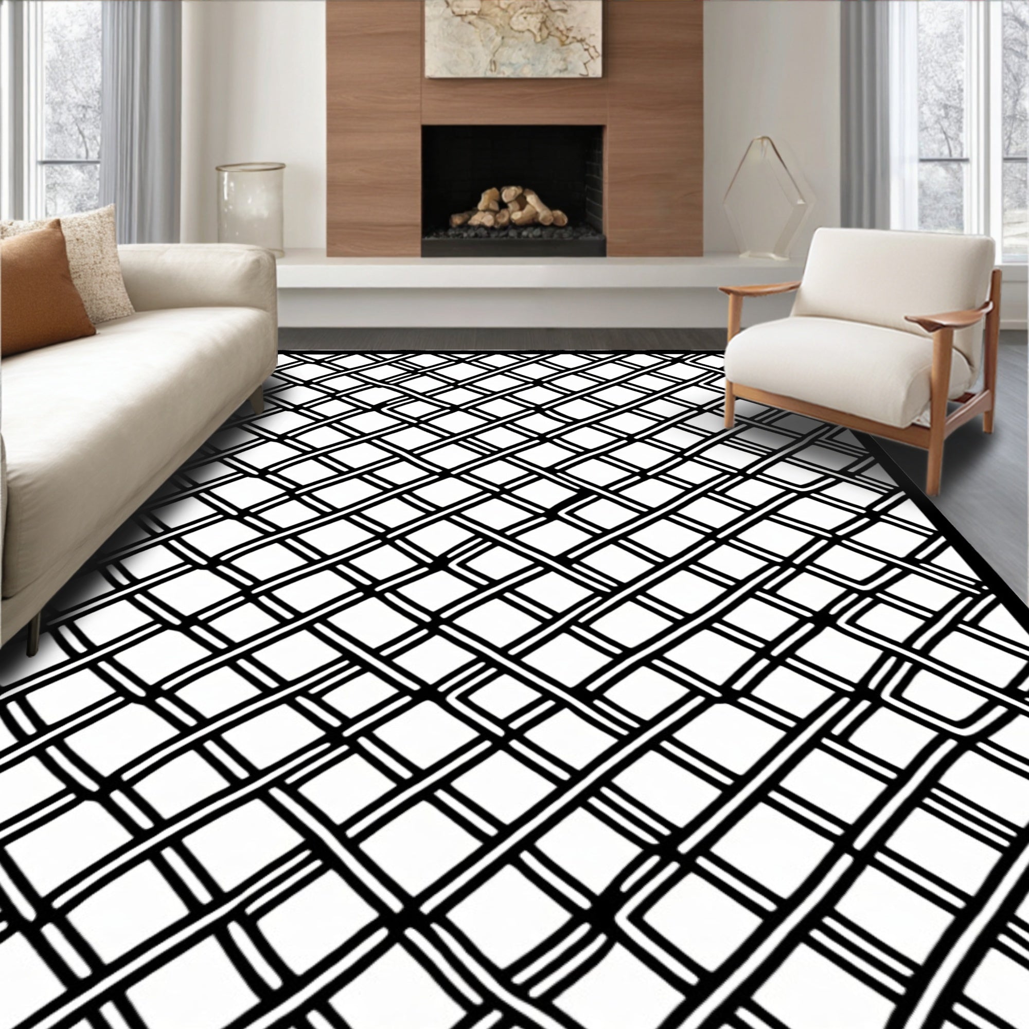 Bold Black Woven Lattice Rug
