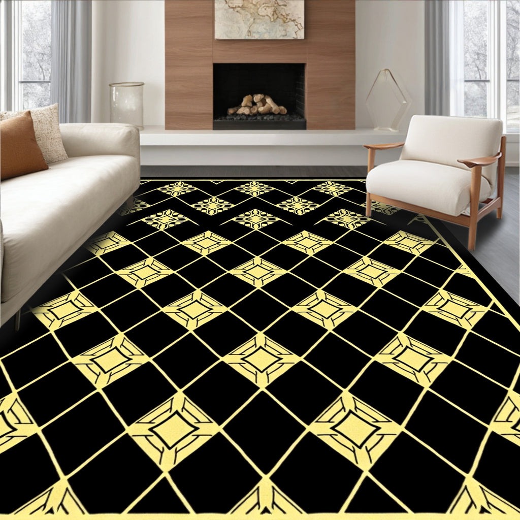 Art Deco Black Yellow Diamond Lattice Rug