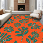 Vibrant Orange Teal Leafy Imprint Rug