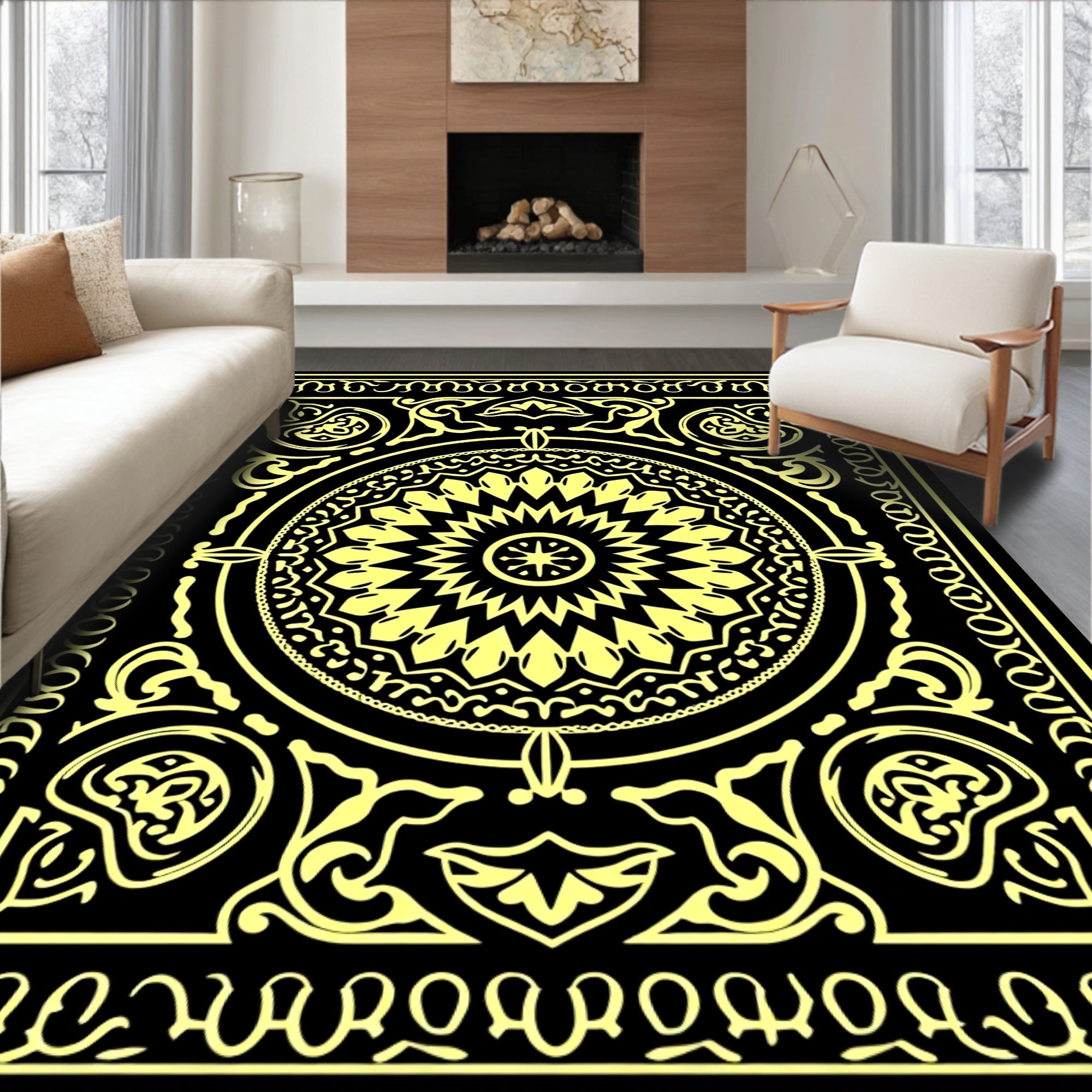 Ornate Yellow Sunburst Mandala Black Rug