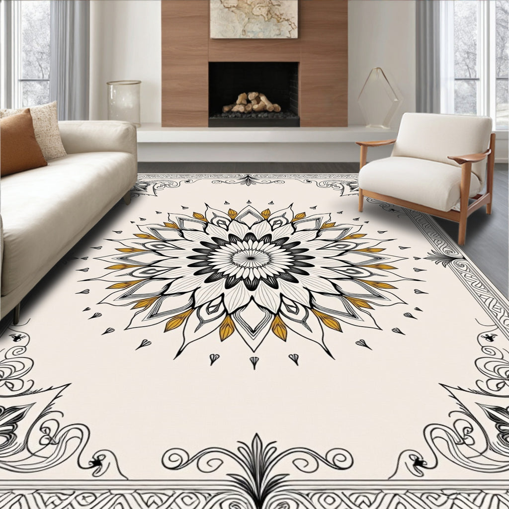 Ornate Floral Gold Mandala Rug