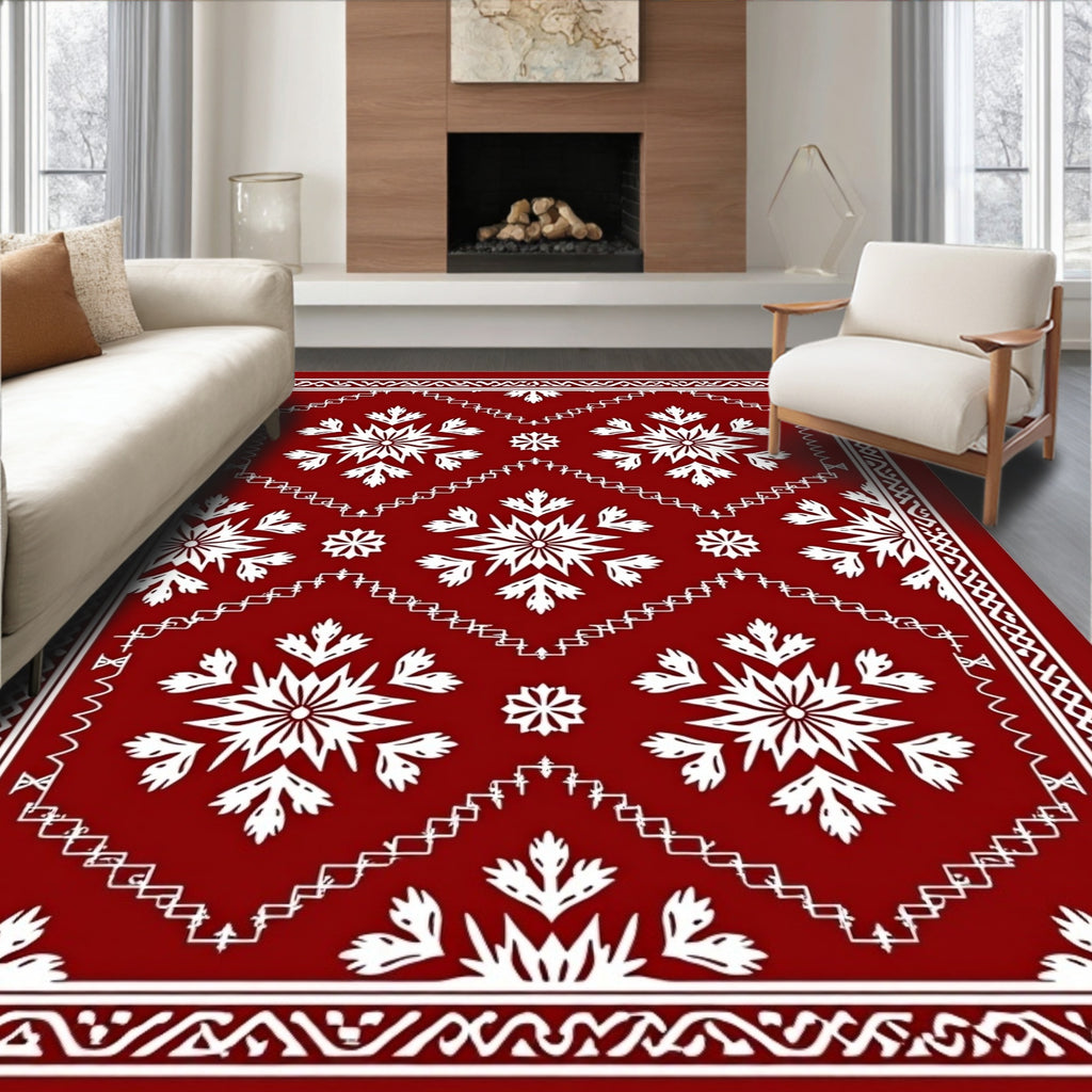 Crimson Snowflake Medallion Border Rug