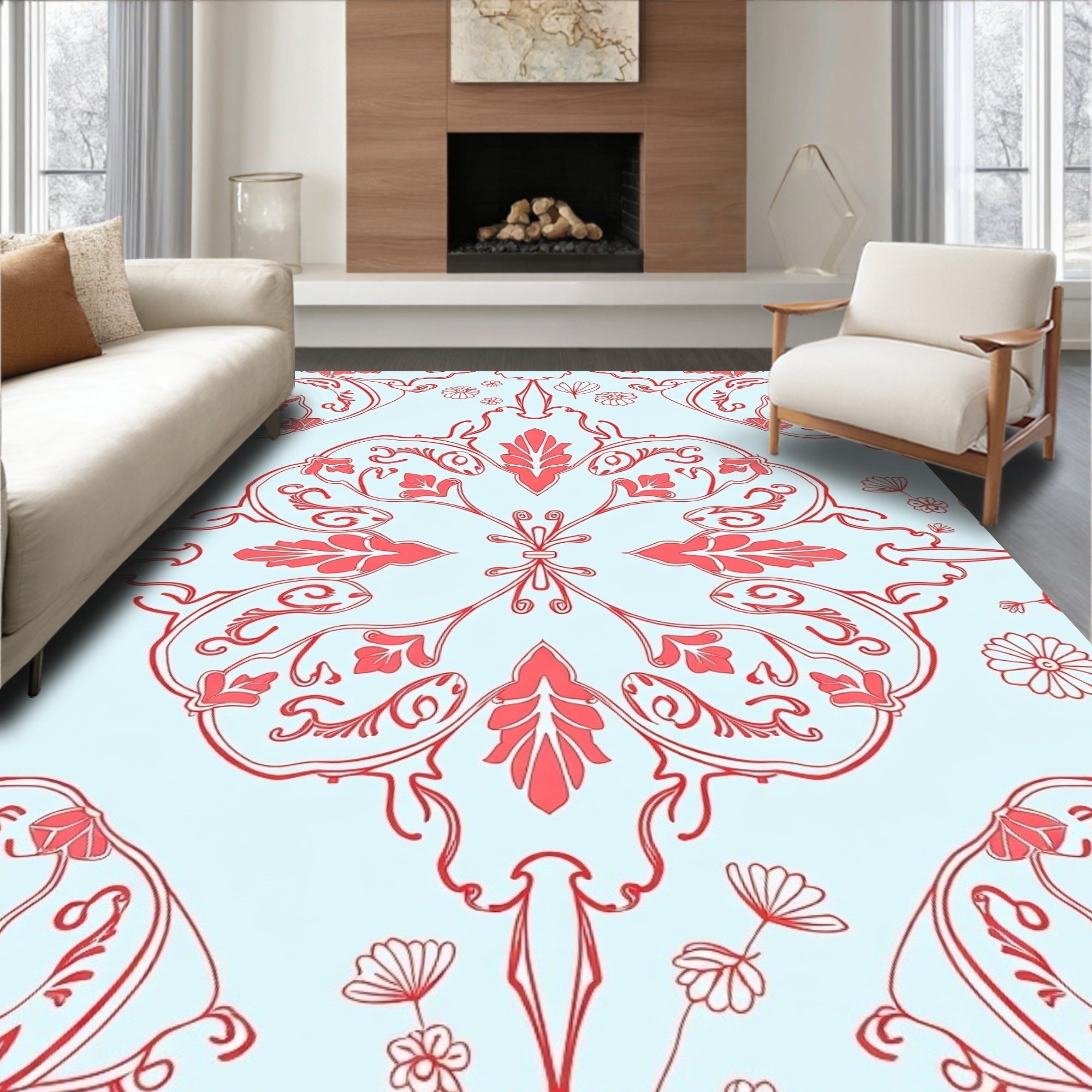 Coral Scrollwork Floral Light Blue Rug