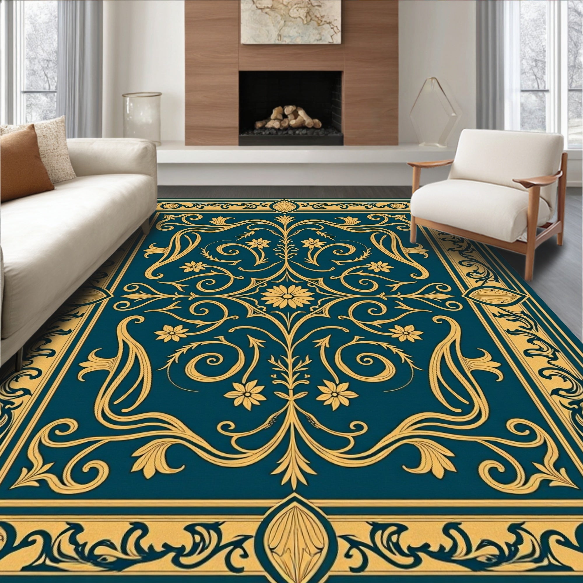 Ornate Teal Floral Scrollwork Rug