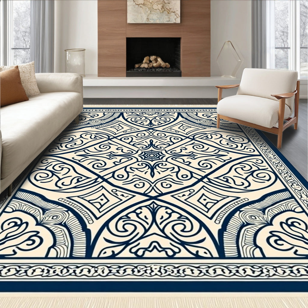 Navy Cream Intricate Floral Lattice Rug
