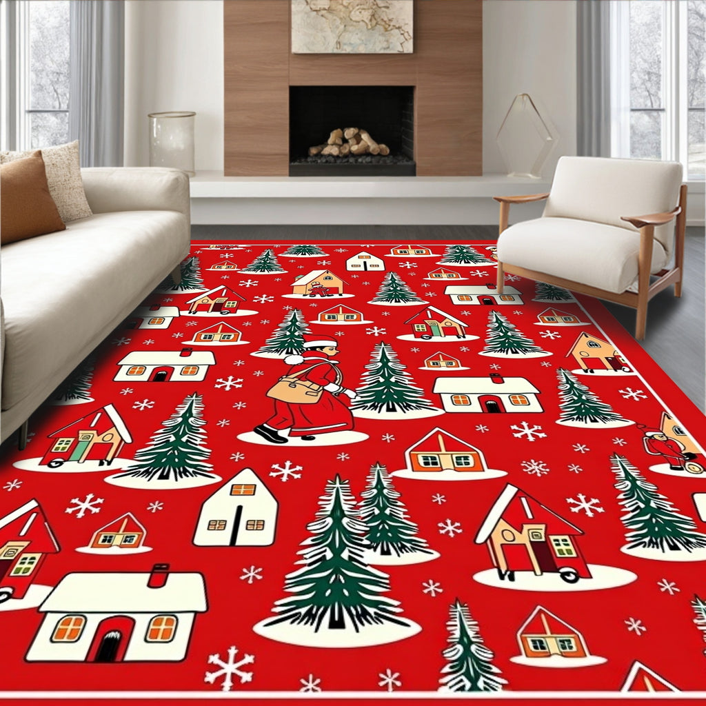 Classic Christmas Village Scene Rug