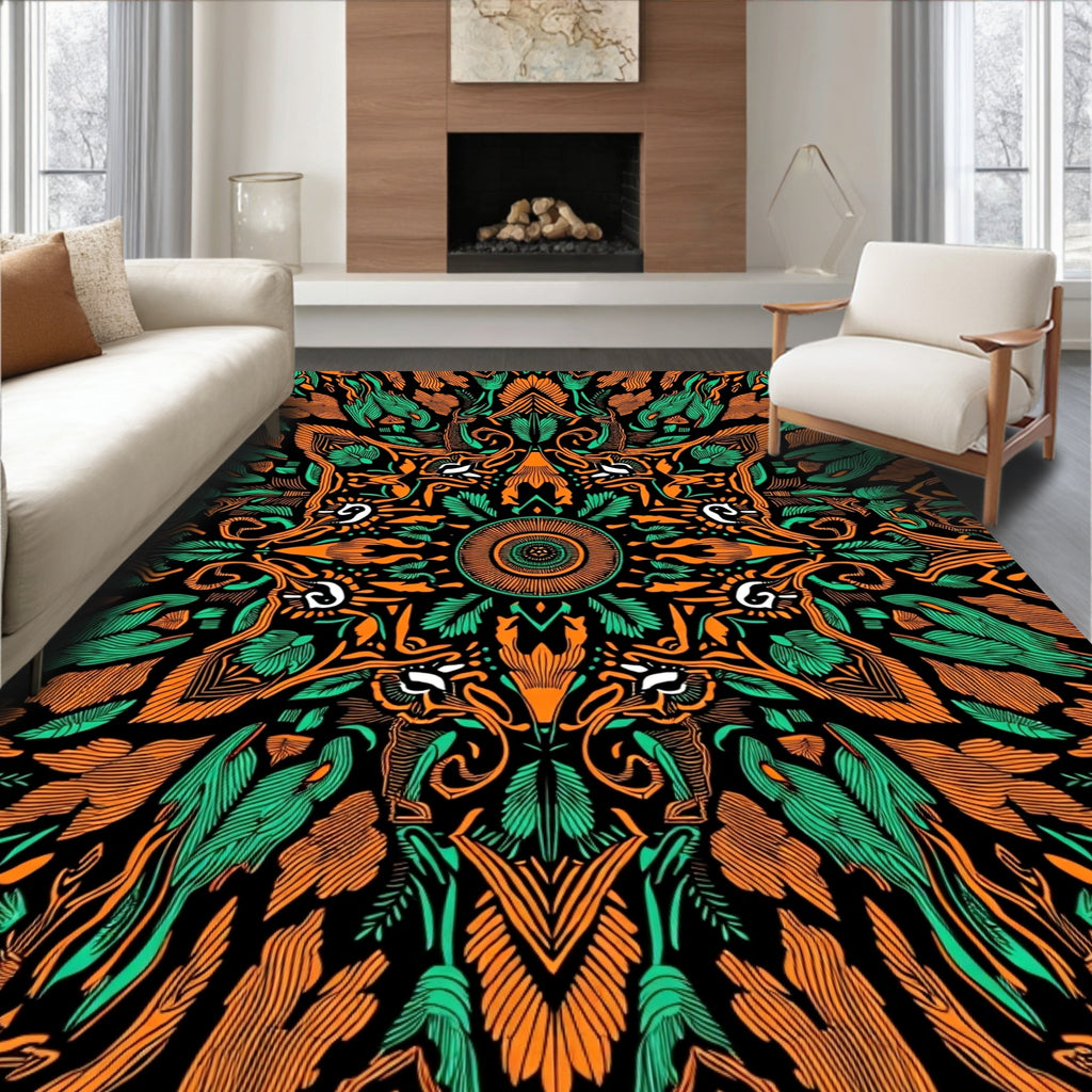 Ornate Black Orange Green Mandala Rug