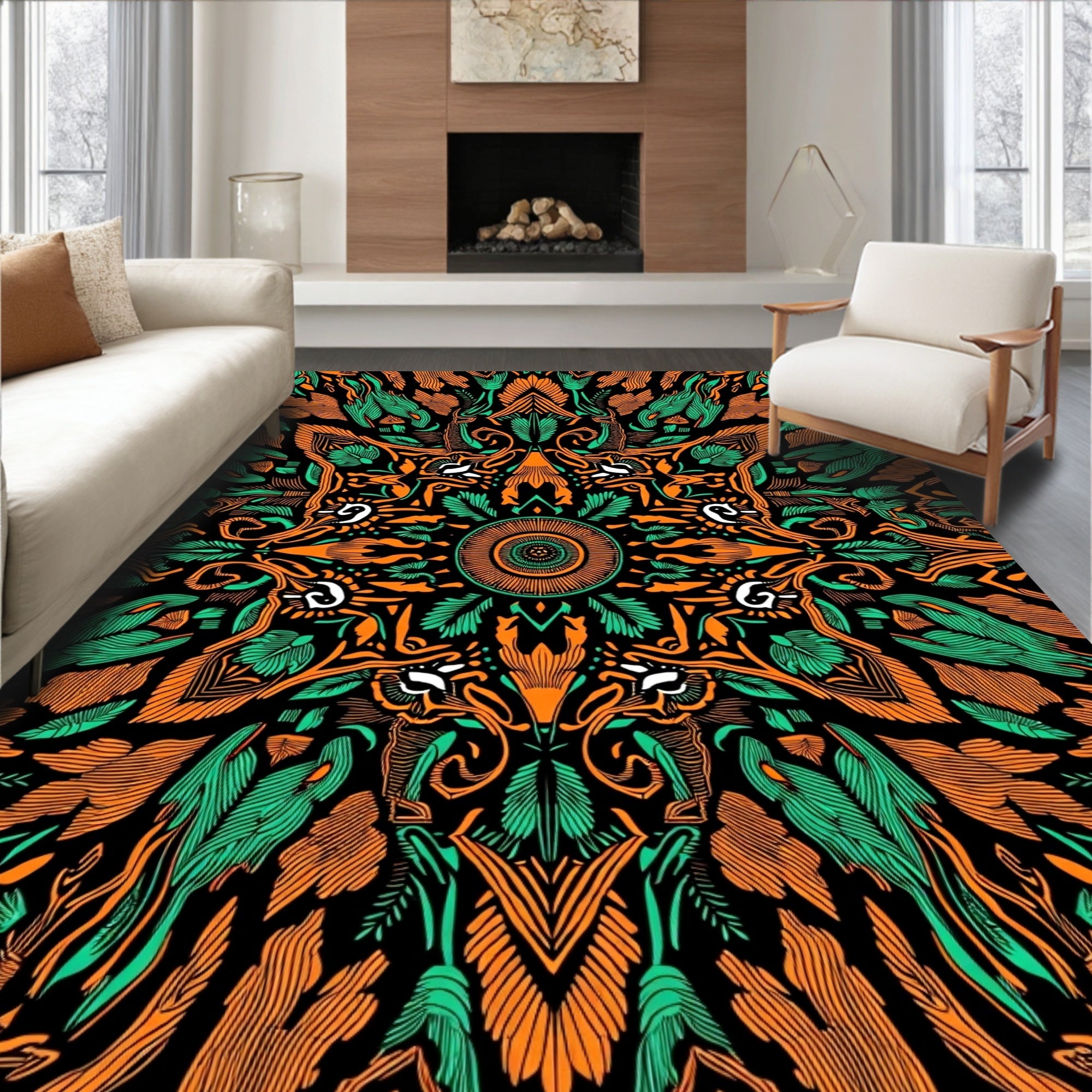 Ornate Black Orange Green Mandala Rug