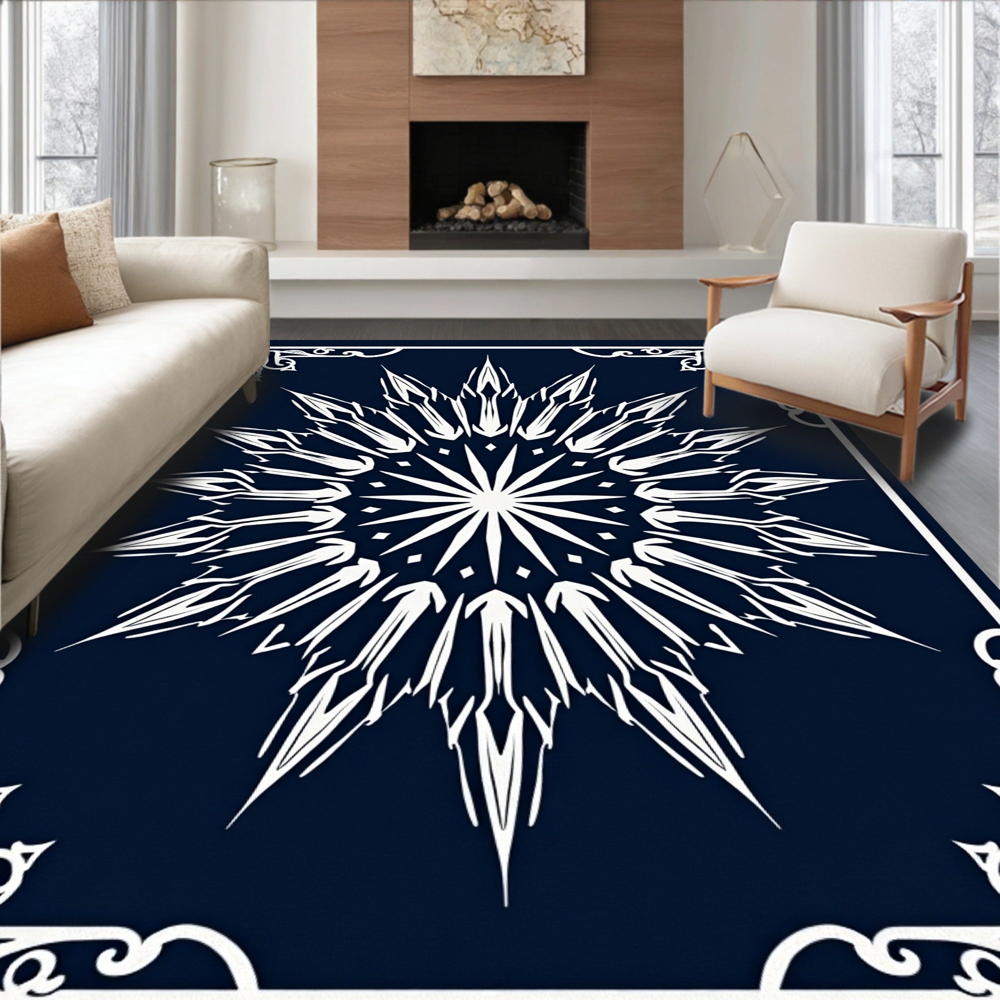 Navy White Radial Starburst Frame Rug