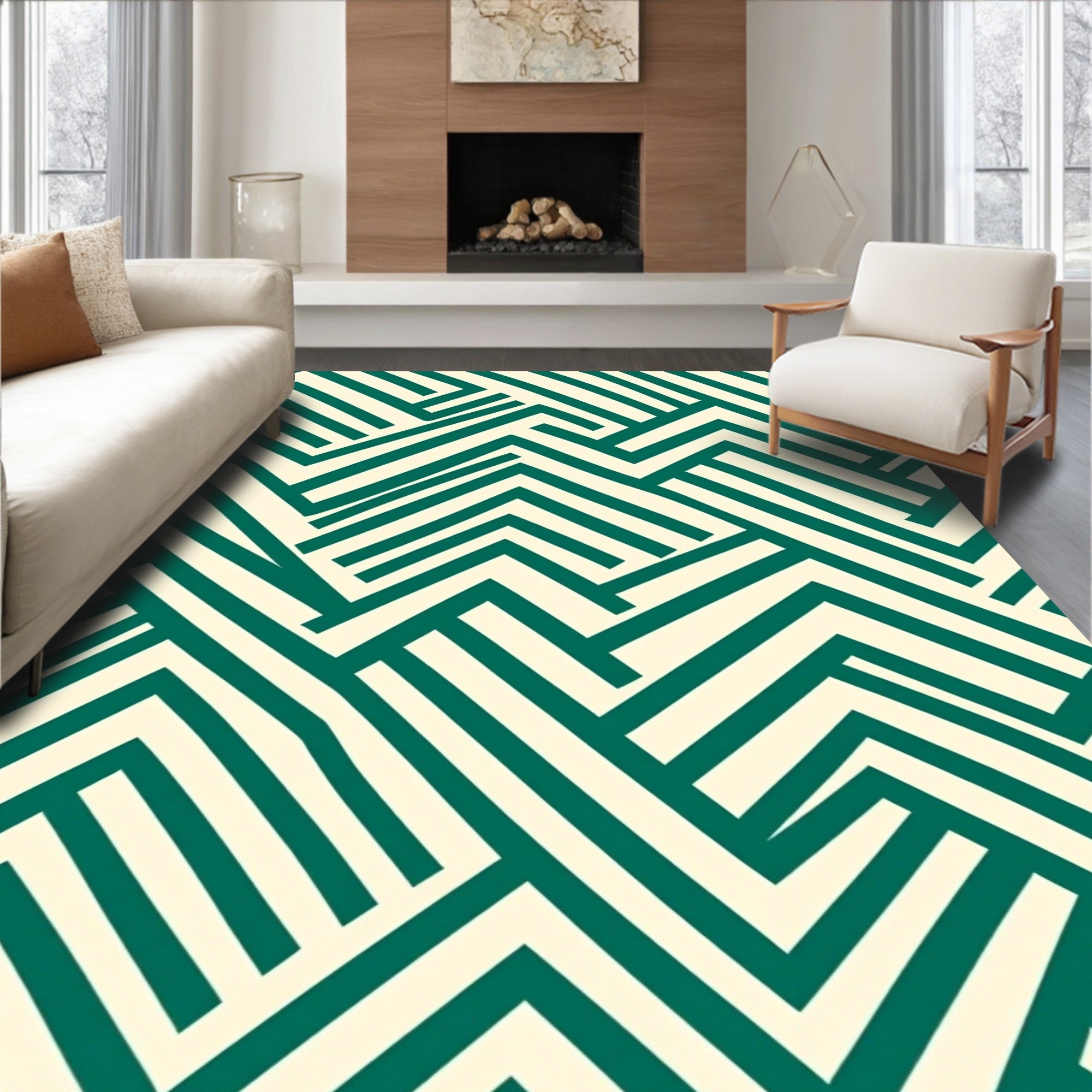Emerald Ivory Interlocking Lines Rug