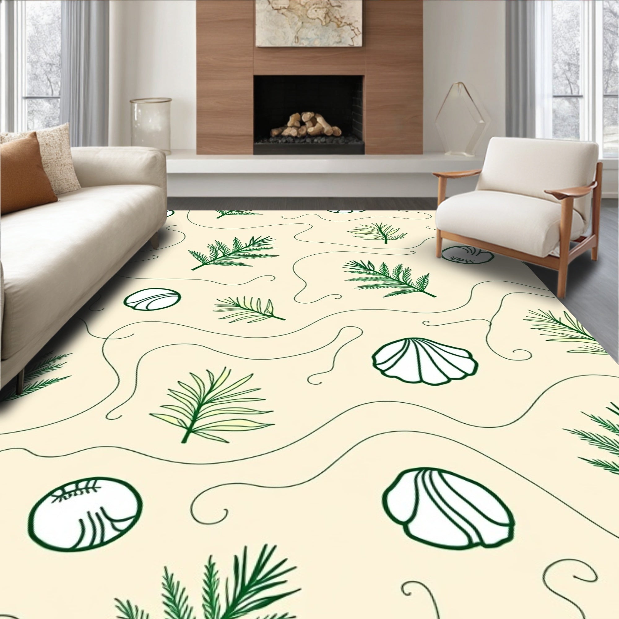 Green Fern Seashell Outline Rug