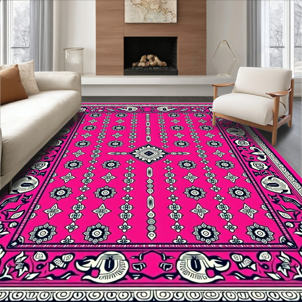 Vivid Pink Floral Medallion Border Rug