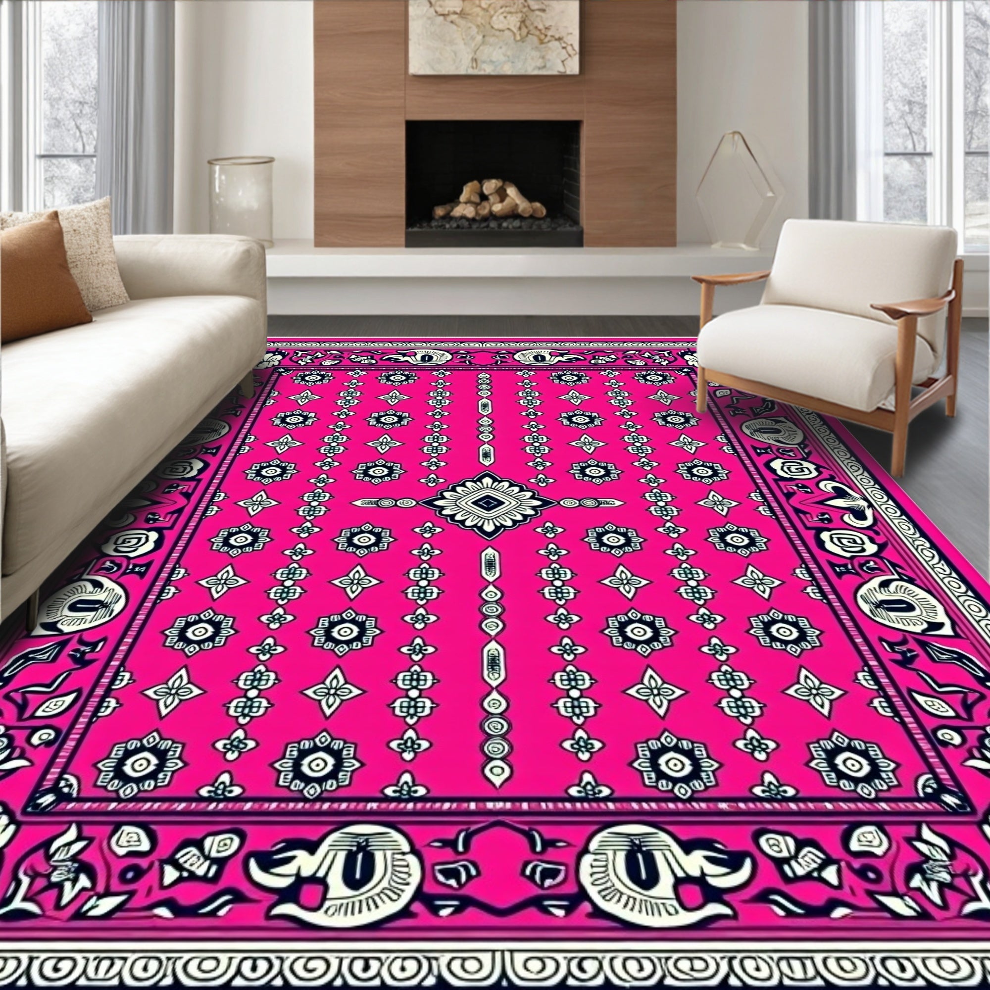 Vivid Pink Floral Medallion Border Rug