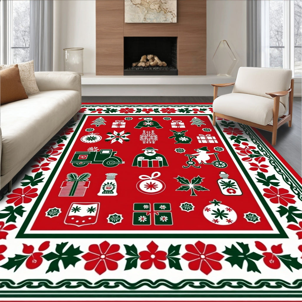 Holiday Icons Red Green White Field Rug