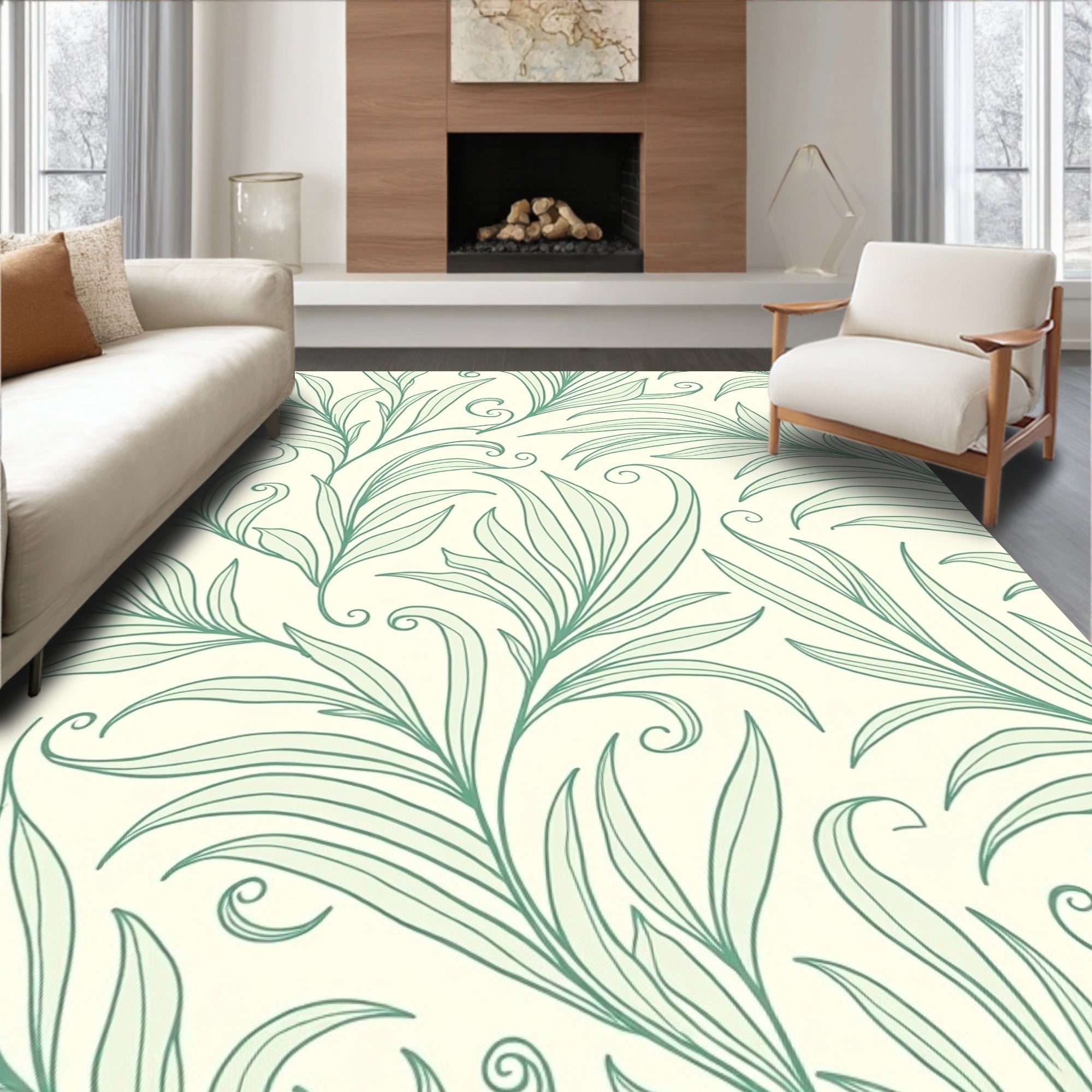 Coastal Green Leafy Swirls Rug