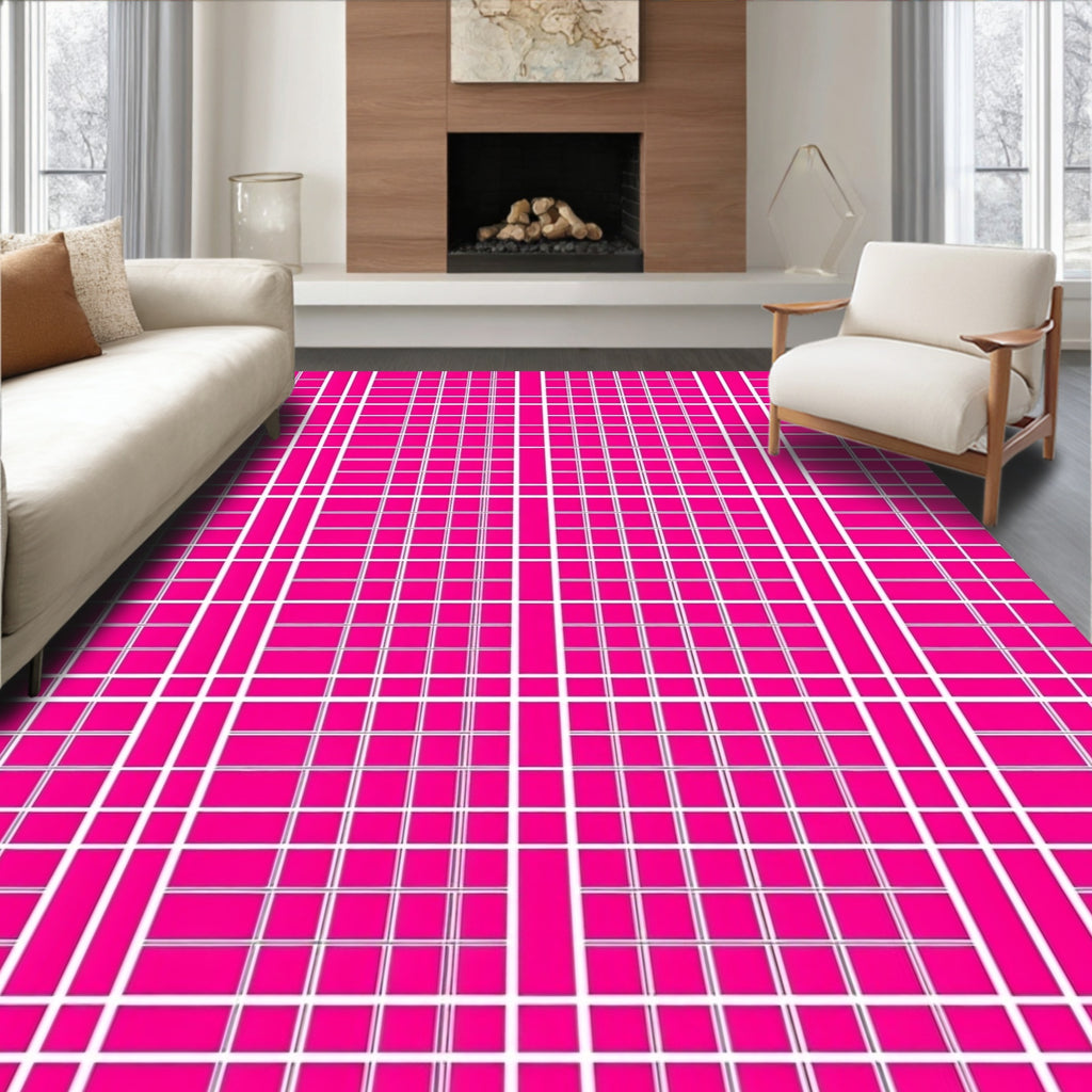 Hot Pink White Grid Composition Rug