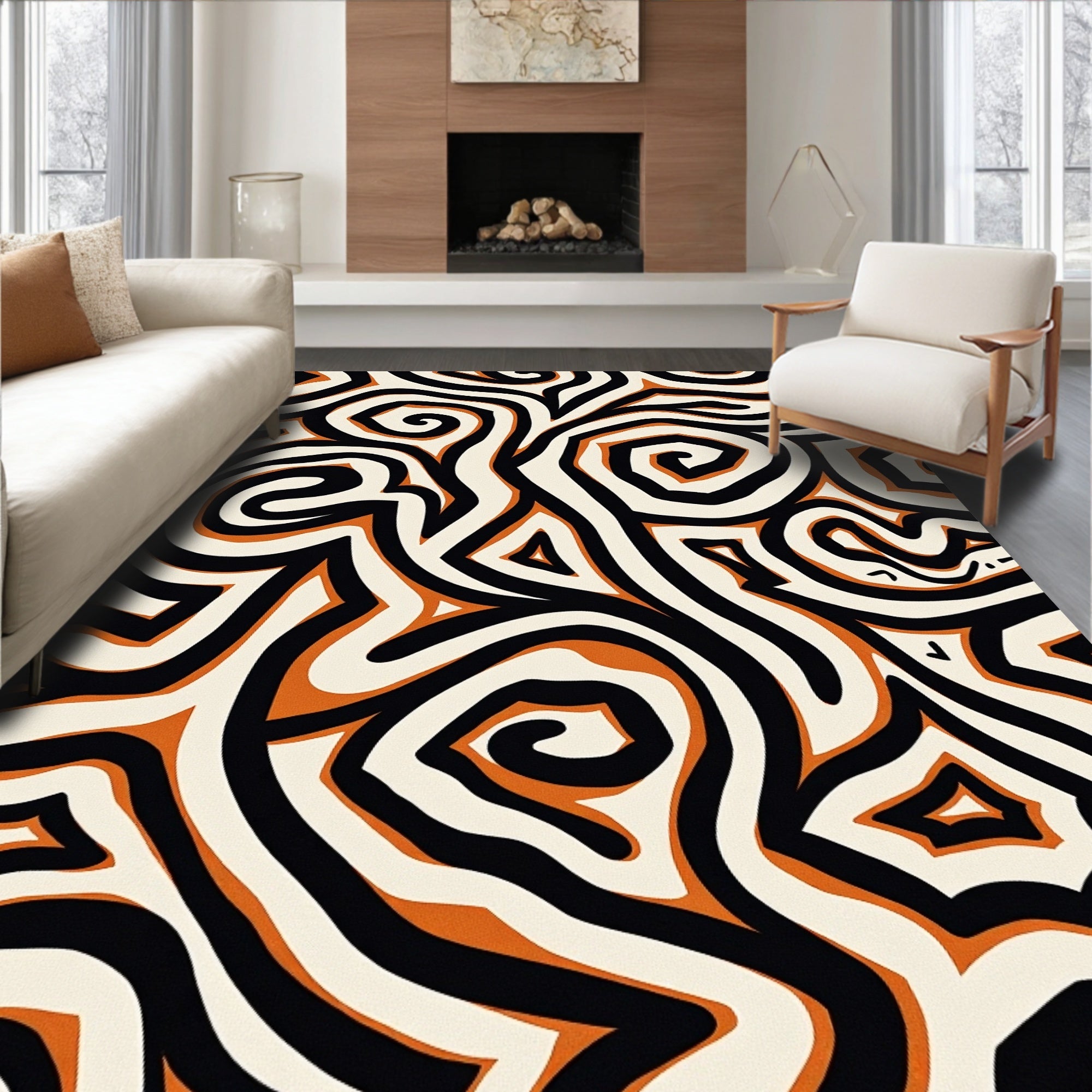 Bold Orange Black Swirl Maze Rug