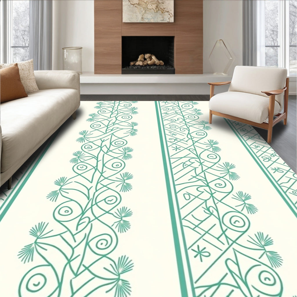 Teal Vine Scroll Striped Rug