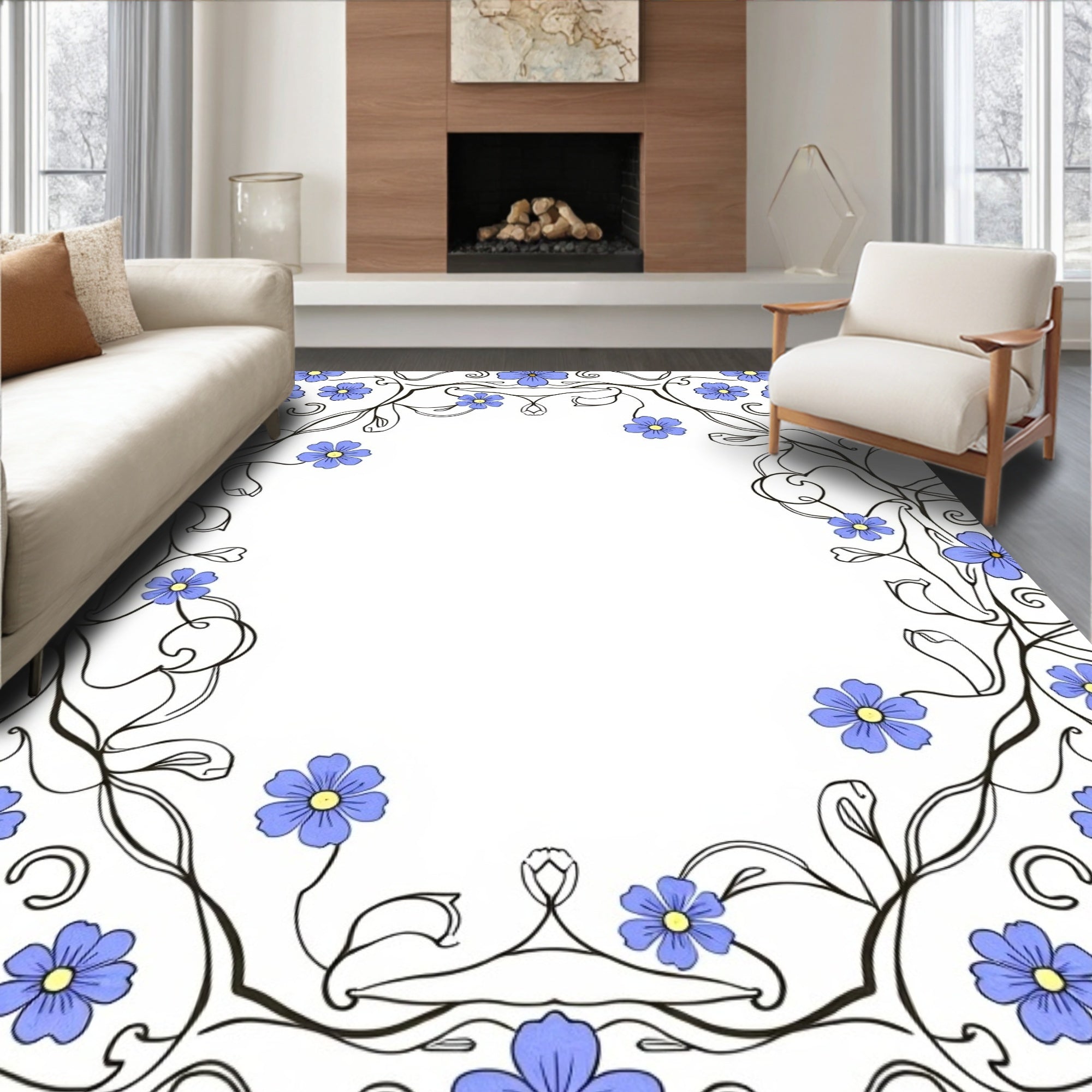 Pastel Blue Floral Vine Border Rug