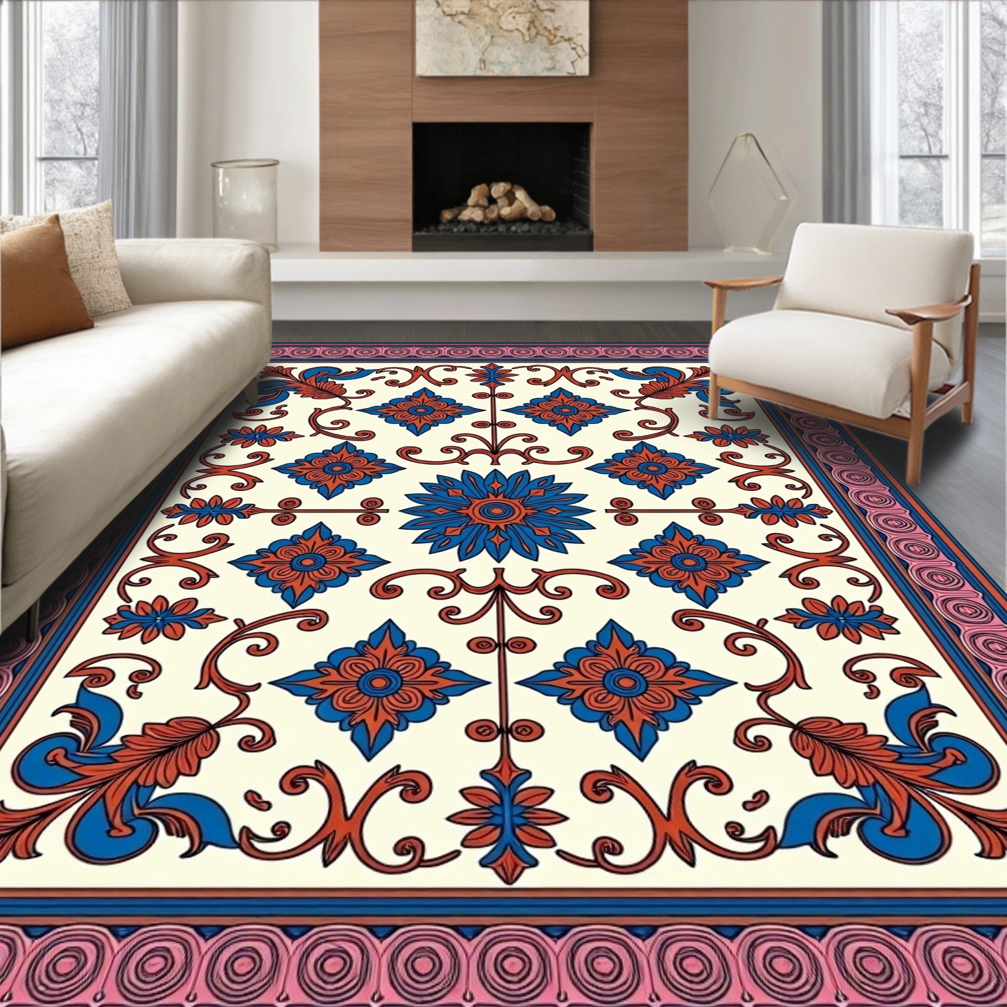 Coral Blue Floral Vine Medallion Rug