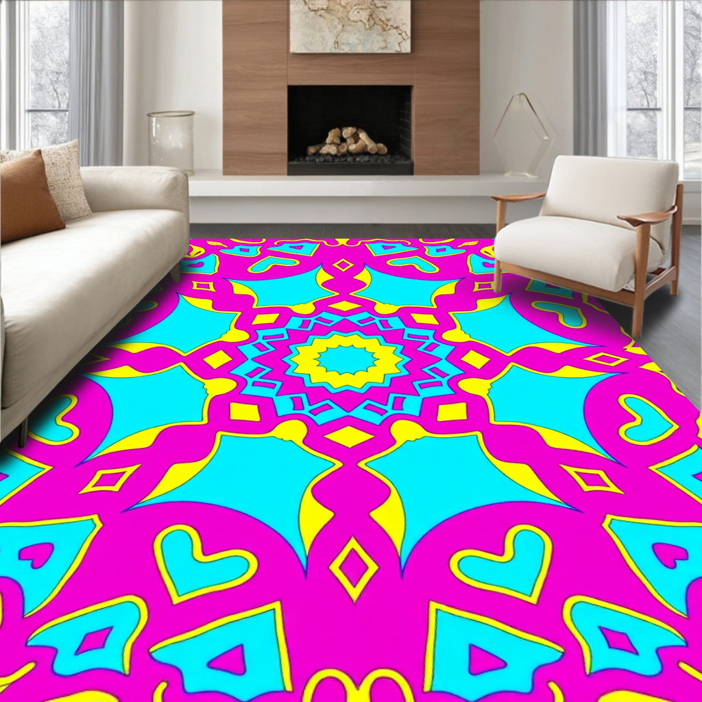 Vibrant Pink Teal Sunburst Mandala Rug