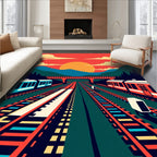 Retro Train Tracks Sunset Landscape Rug